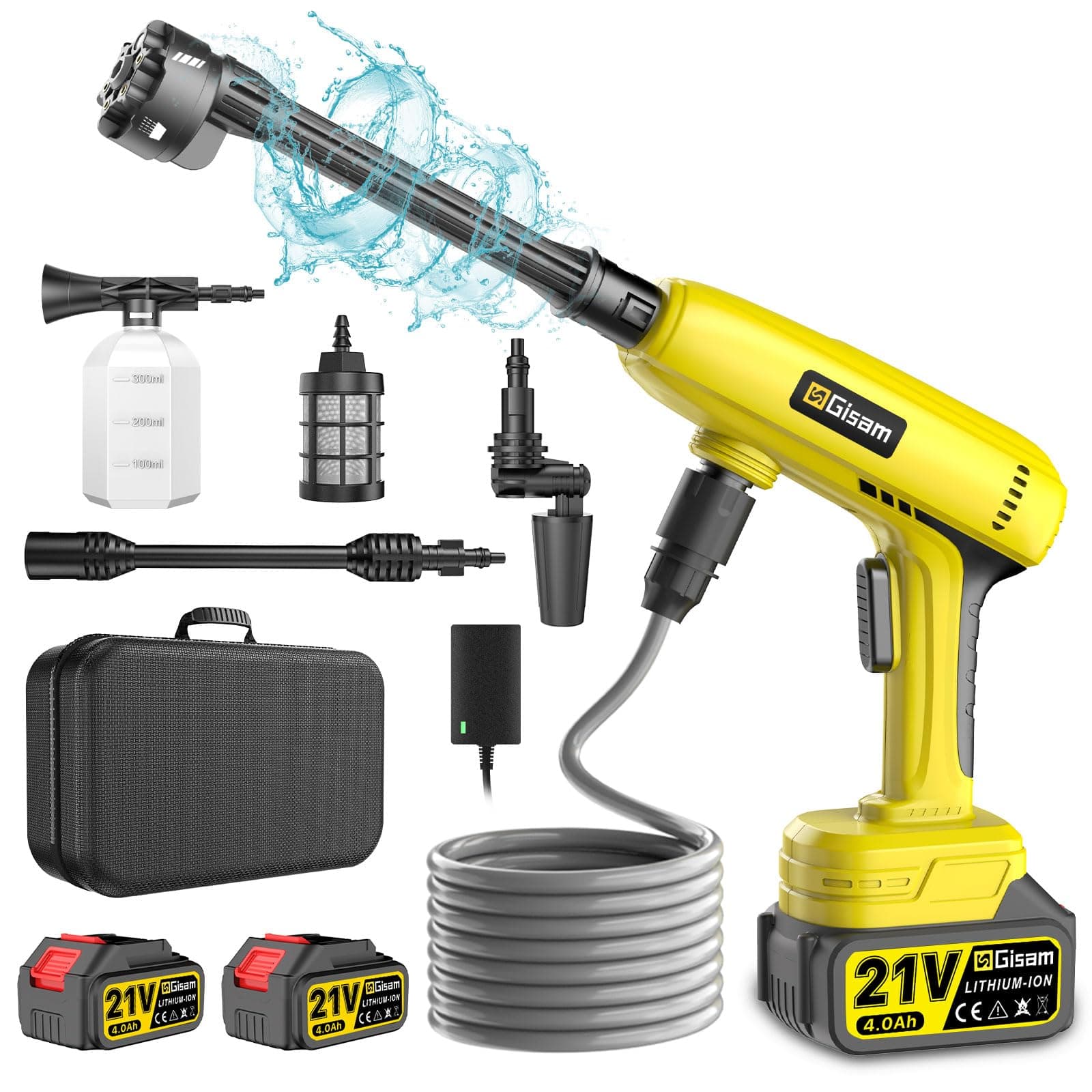 Nettoyeur Haute Pression à Batterie, Max 60 Bar avec 2 x 4000mah Batteries, Pulvérisateur de Mousse, 6-en-1 Multi-Usage Buse et 180° Buse Pivotante pour Le Nettoyage et Arrosage