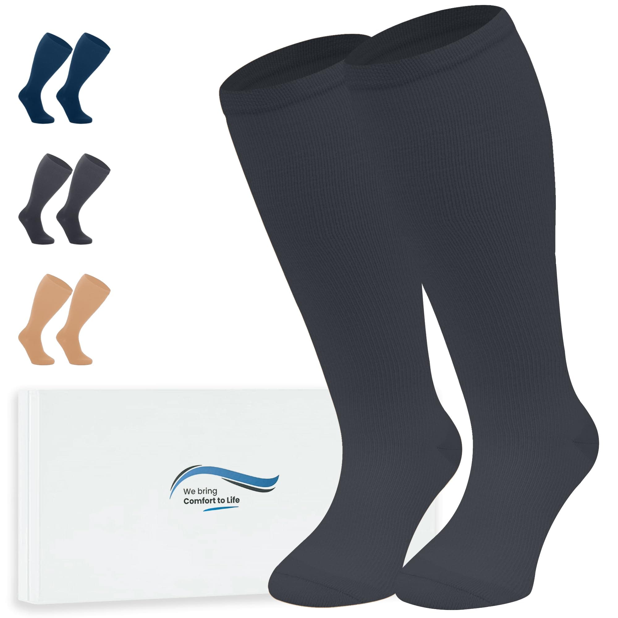 360 Relief Calze Compressione Graduata Donna e Uomo - Taglie forti 1 Coppia Solido Colore Gambaletti Compressione per Sports, Running, Viaggio, Ciclismo, Lavoro - 3XL Nero con Borsa Lavanderia