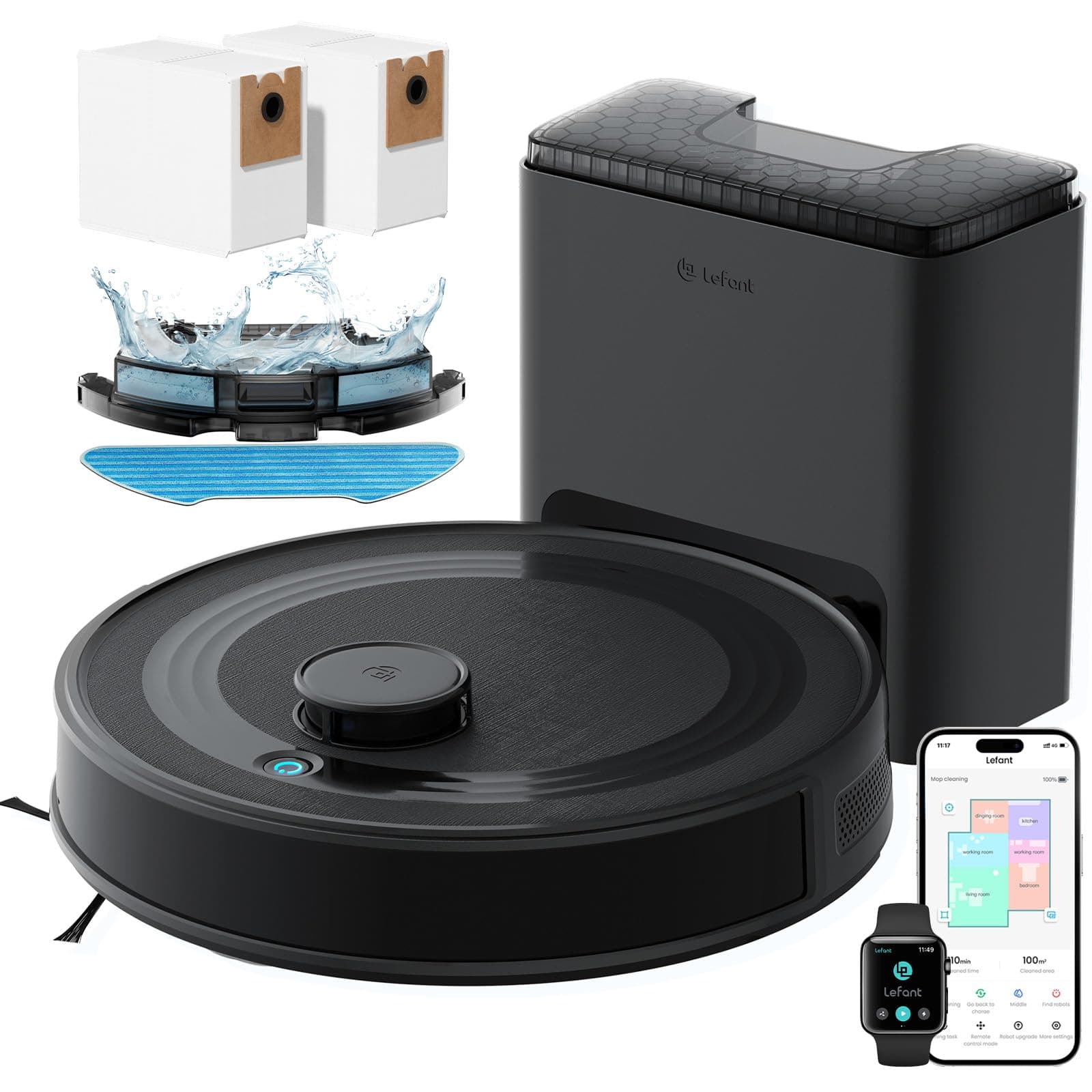 Lefant M2 Plus Robot Aspirateur Laveur avec Station Vidage Automatique, 6000Pa, Navigation Laser avec Cartographie, Évitement d'obstacles PSD, Idéal pour Poils d'animaux/Tapis, App/WiFi/Alexa, Noir