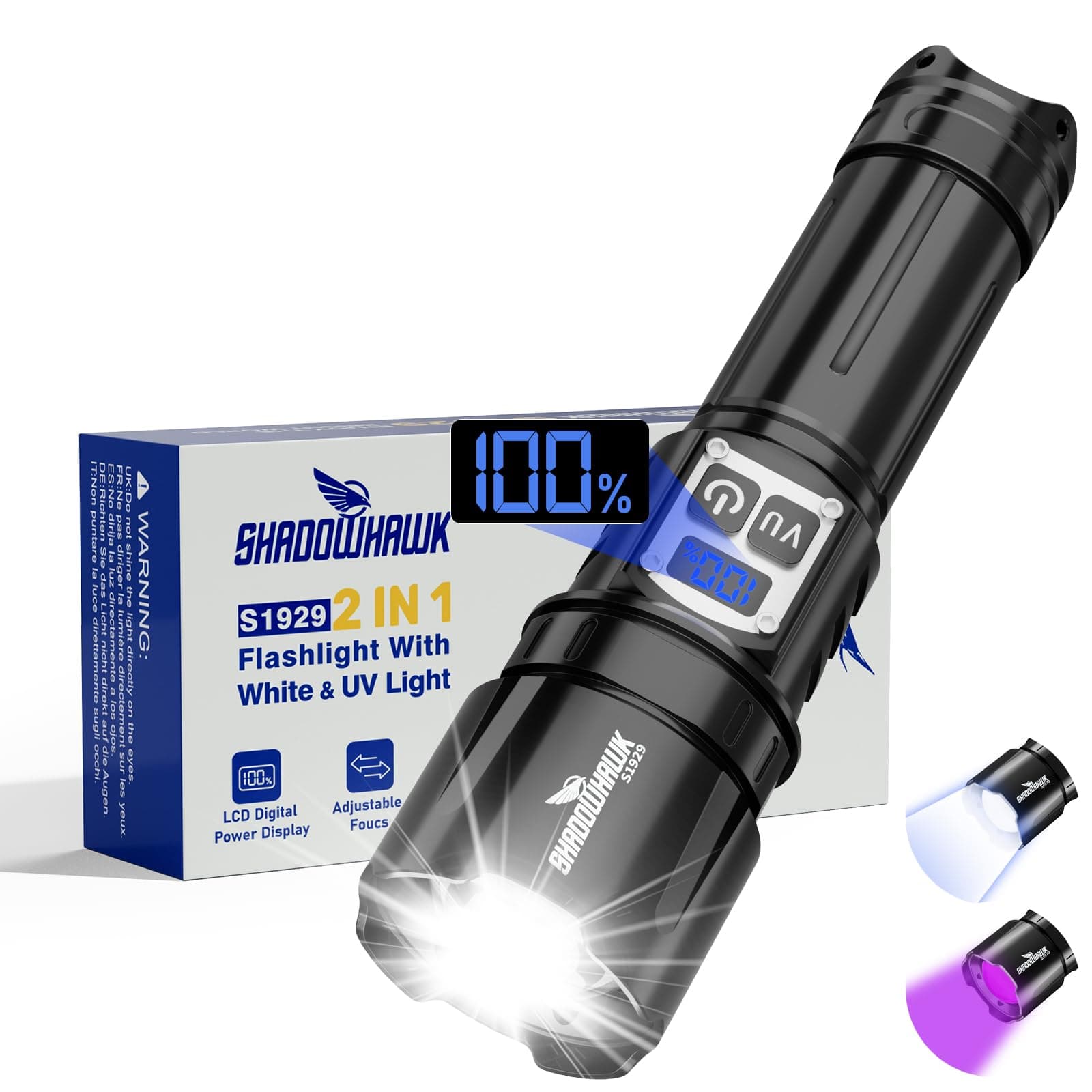 Shadowhawk 2-En-1 Linterna LED Alta Potencia Con Interruptor Doble - 1,000,000 Lumen Ajustar Del Brillo Linterna Super Potente, para Camping/Emergencias/Detección De Orina De Mascotas, Luz Linterna UV