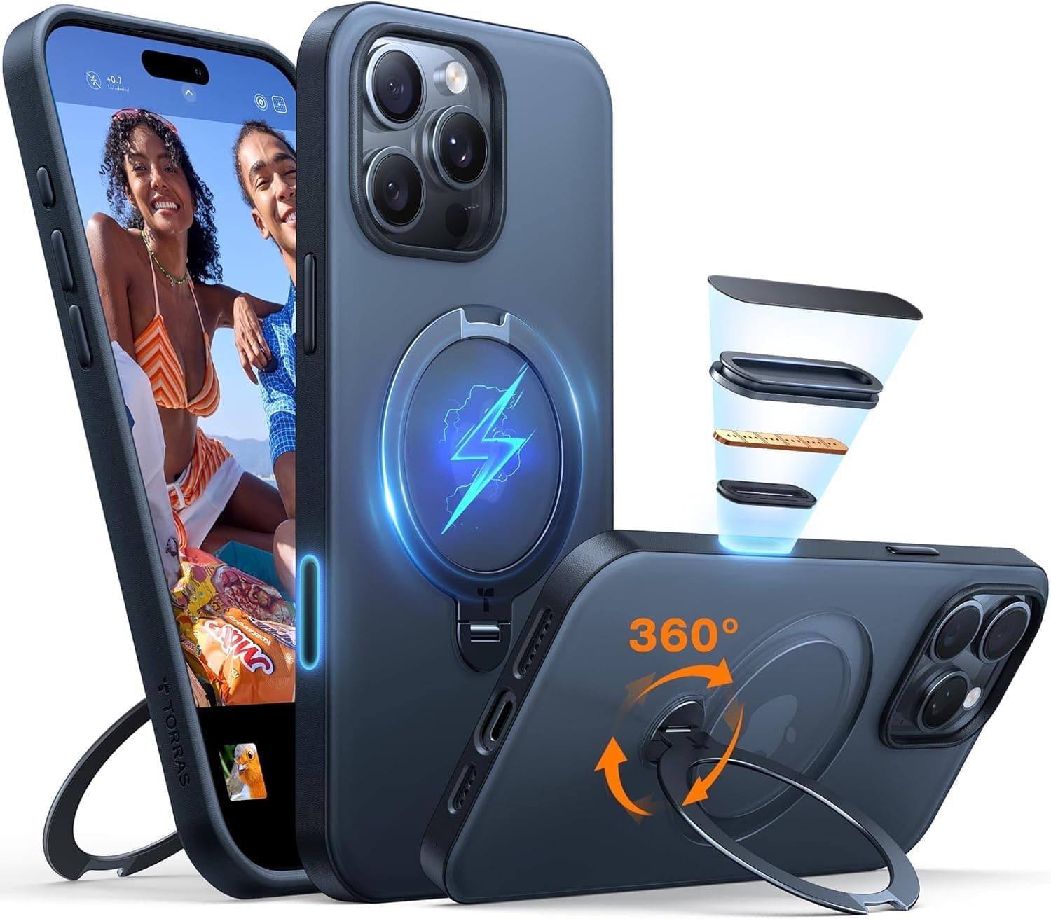 TORRAS Ostand Q3 Spin für iPhone 16 Pro Hülle (360° Magnetischer Unsichtbarer Ständer) Zertifizierte Militärschutz, MagSafe Kompatibel, Stoßfest Kratzfeste Matt Rückseite Handyhülle Schwarz