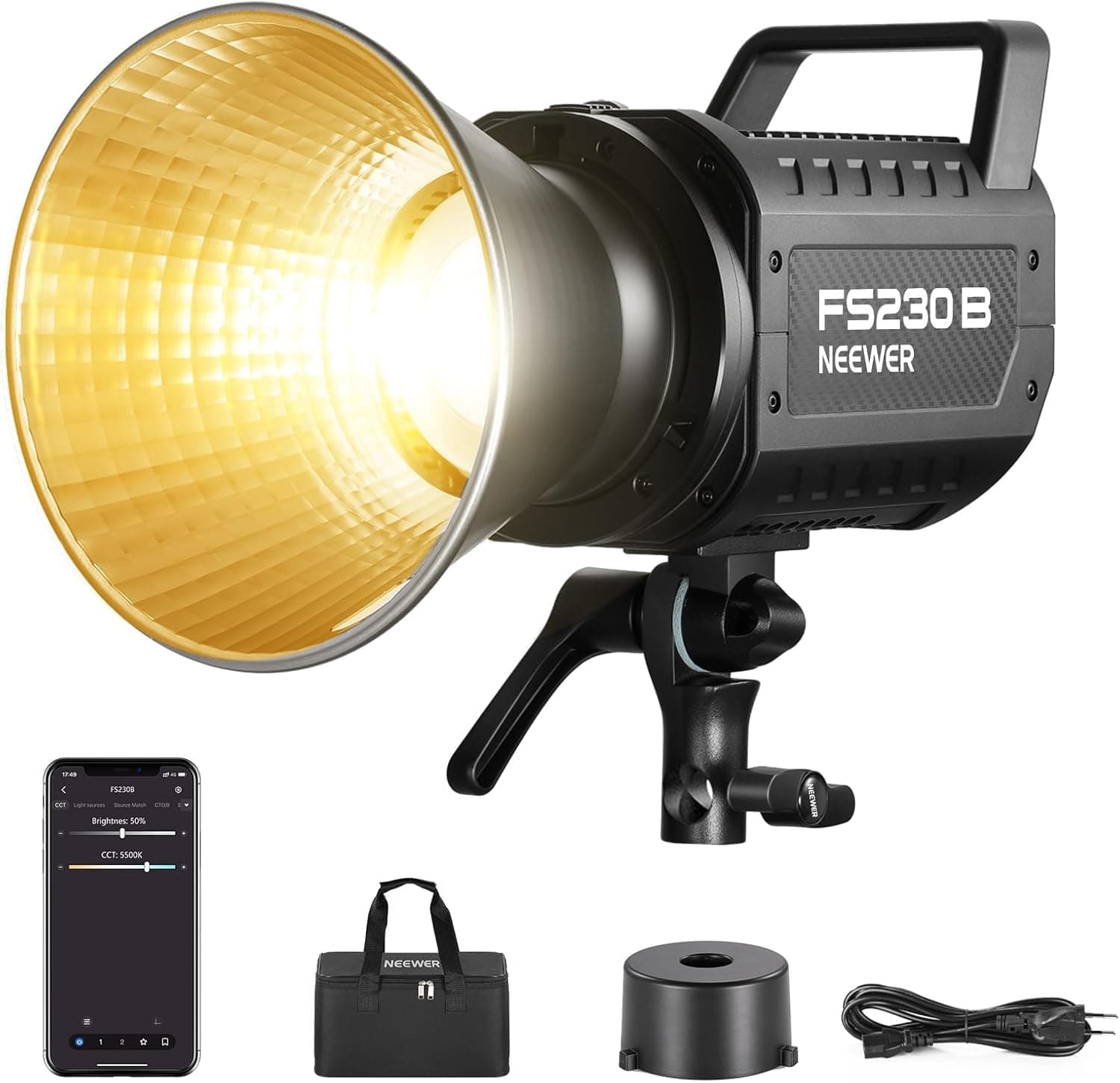 NEEWER FS230B Luce Video LED, Controllo 2,4G/APP, 230W COB Bicolore Illuminazione Silenziosa Continua per Fotografia, 4 Tipi di Dimmerazione PWM,110000lux/m,2700K-6500K, CRI 97+,12 Scene, Bowens Mount