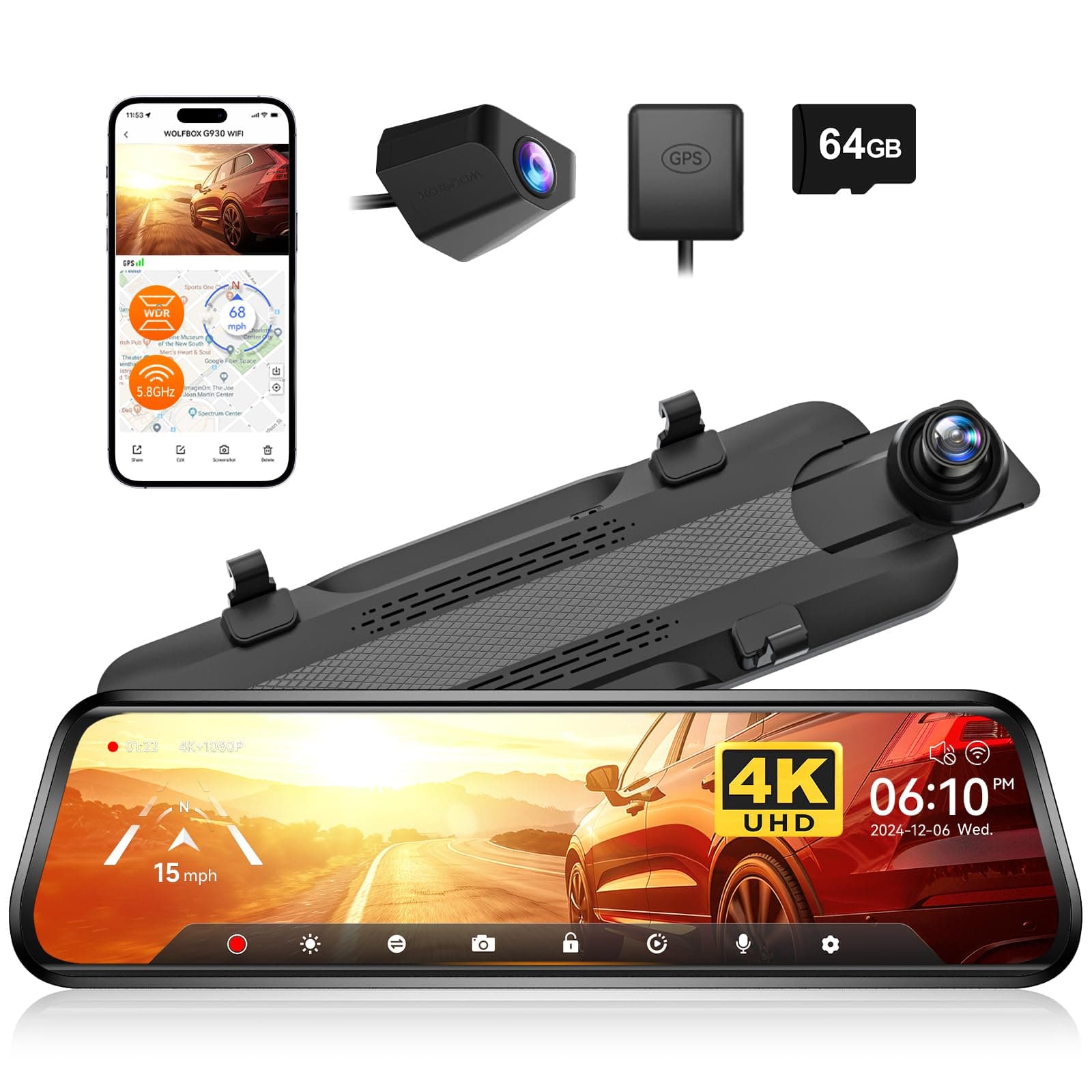 WOLFBOX G930 10" Espejo Retrovisor con Camara y 5.8GHz WiFi, 4K Ultra HD Doble Dashcam y 1080P WDR Camara Trasera Espejo Dash CAM Coche para Navegador GPS 24H Cámara Vigilancia Aparcado Tarjeta 64GB