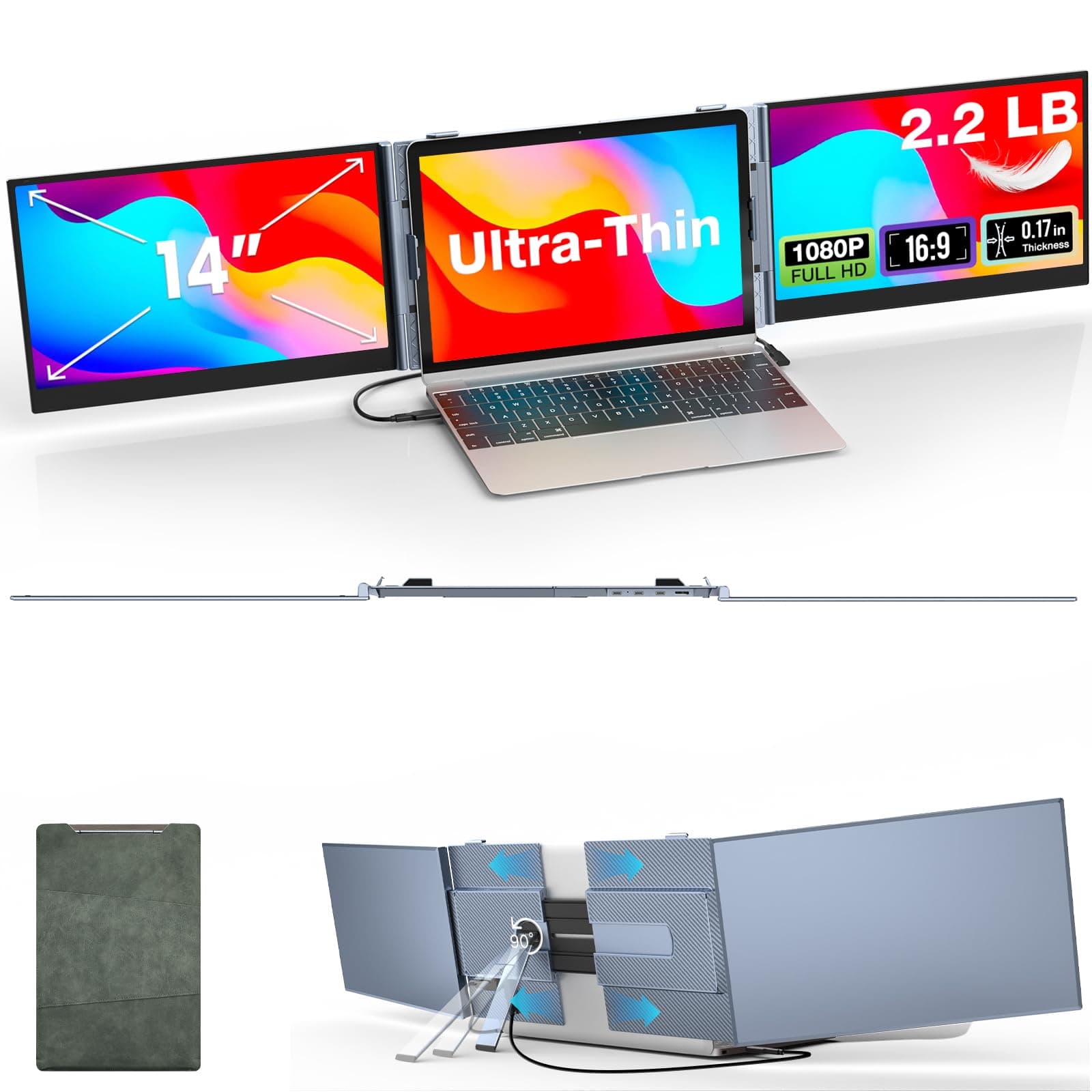 Kwumsy Écran Portable 14 Pouces - Triple Écran Pc Portable, Extension D'Écran pour Ordinateur Portable, 0,17" Ultra-Fin et Ultra-Léger, Moniteur Portable Plug & Play, Compatible PC Portable 13–17"