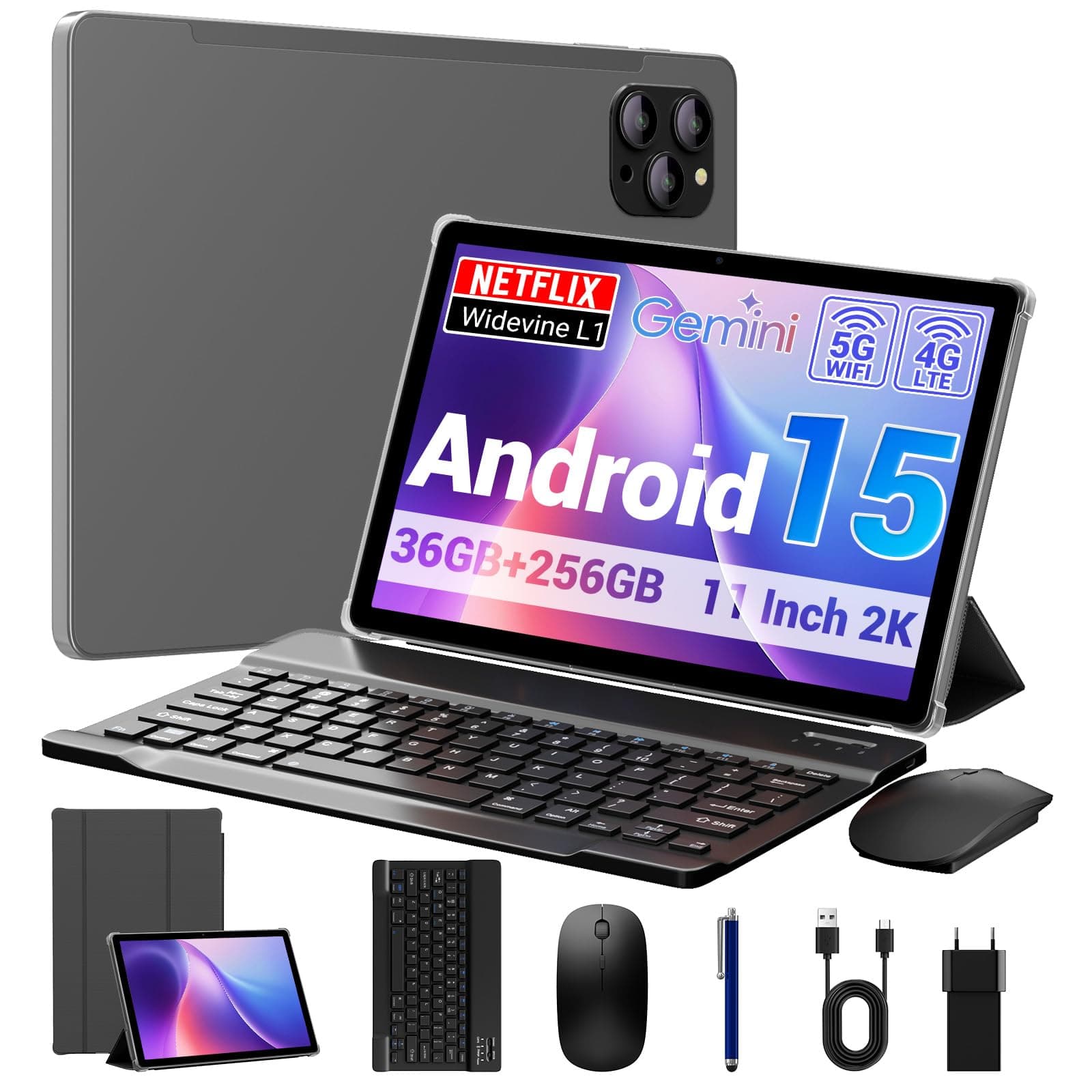 BEYNIVAN Tablet 11 Pulgadas Android 15 Tableta Gaming Octa-Core T615,4G LTE y 5G WiFi,36GB RAM+ 256GB ROM,Widevine L1,8000 mAh,Cámara 16MP+8MP, GPS,Tablet con Teclado,Gris