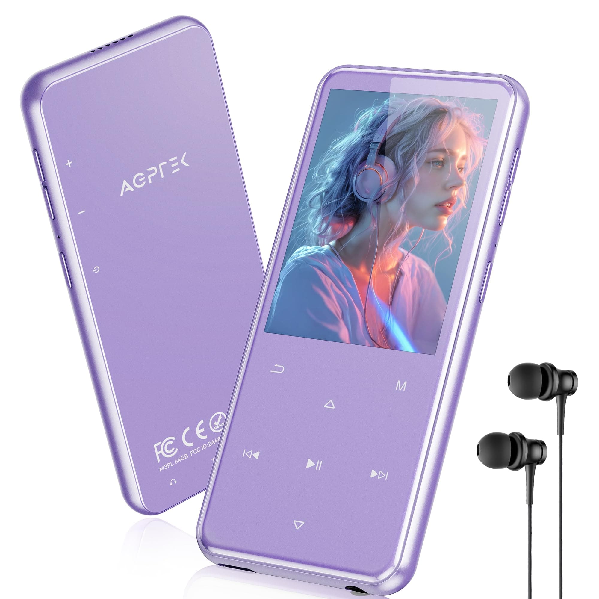 AGPTEK 64Go MP3 Bluetooth avec Haut-Parleur, 2.4" Grand Écran Lecteur MP3 en Métal Qualité Sonore HiFi Audio MP4 Baladeur Sport de Bouton Tactile Radio FM Podomètre Enregistreur 60H de Musique-Violet