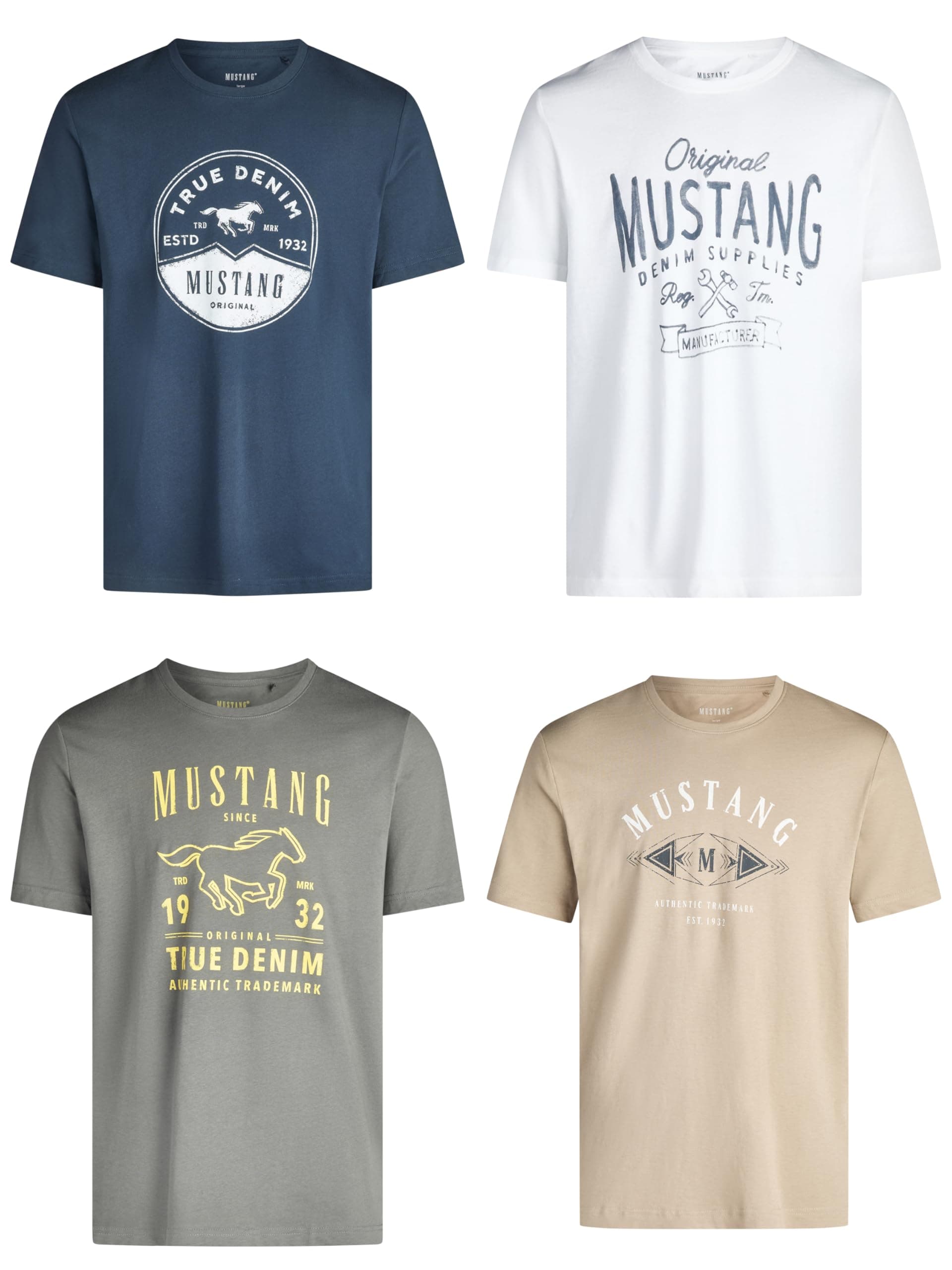 MUSTANG Tshirt Herren Baumwolle Regular Fit 4er Pack Set Rundhals Kurzarm Sommer Tee Shirt Logoprint Schwarz Weiß Grau Blau Grün S M L XL XXL 3XL 4XL 5XL 6XL