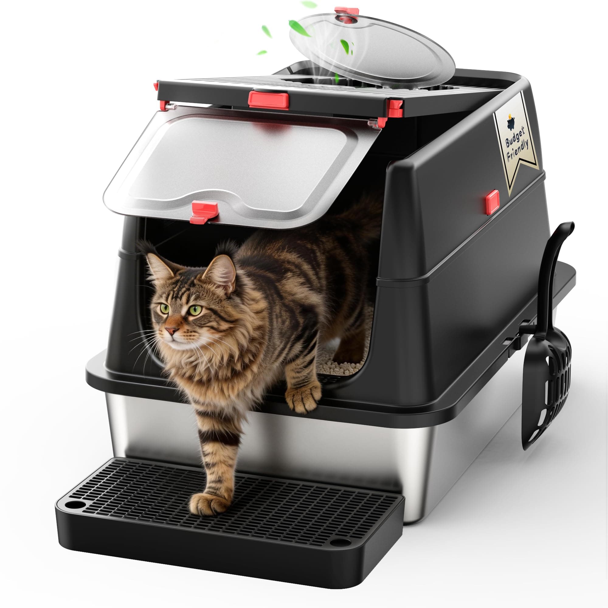 Bac à litière en Acier Inoxydable, métal SUS304, Couvercle Rabattable Amovible et Conception fermée à Bords Hauts, Toilettes pour Chat XXL | Contrôle des odeurs | Anti-fuites | avec Pelle, pédale