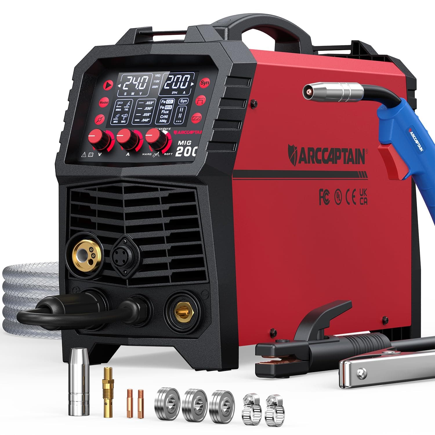 ARCCAPTAIN Poste à Souder MIG MAG, 200Amp 6 en 1 Gaz MIG/Sans gaz Flux Core MIG/Électrode Enrobée/Lift TIG/Soudage par points/Pistolet à fil 230V Machine de soudage multi-processus en aluminium