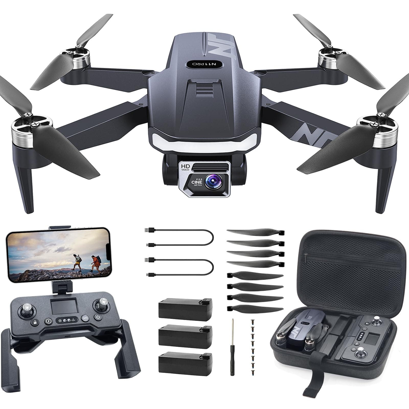 Drone GPS avec caméra 4K UHD pour adultes, 90 min de vol longue durée, moteur brushless, résistance au vent, suivi auto, retour auto, Wi-Fi 5G FPV, poids <249g, 3 batteries - NAFYRE N11 PRO