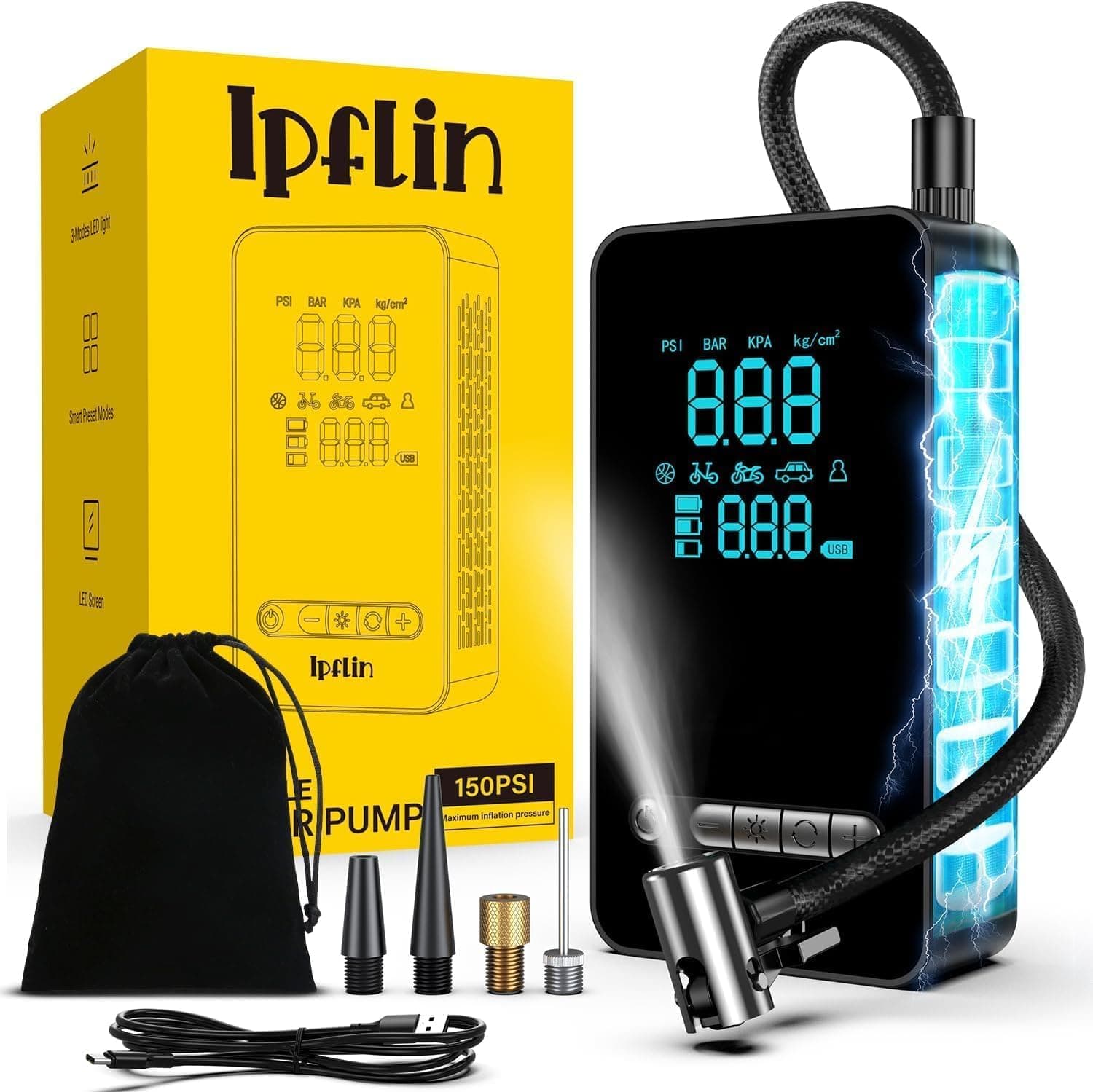 Ipflin Inflador Ruedas Coche Compresor Aire Portatil - Inflador Electrico 150PSI con Función de Parada Automática, Hinchador Ruedas para Coche Moto Bicicleta, Pantalla Digital Nueva Versión