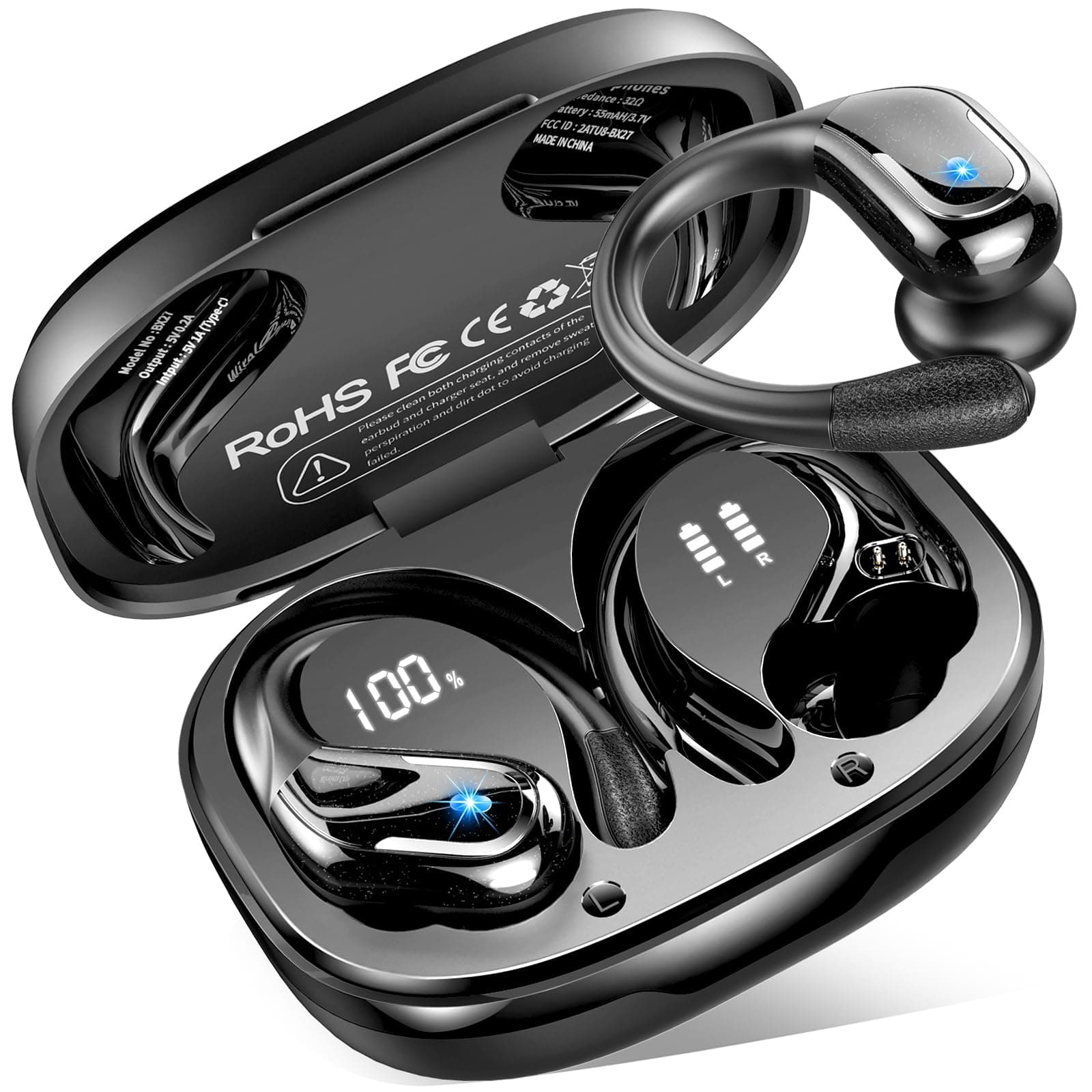 Ecouteurs Bluetooth Sans Fil Sport, 75Hrs Écouteurs Bluetooth 5.4 avec Stéréo HiFi 3D, 4 ENC Réduction de Bruit Mic Oreillette sans Fil USB-C Charge, Étanches IP7 Casque Running LED pour Android/iOS