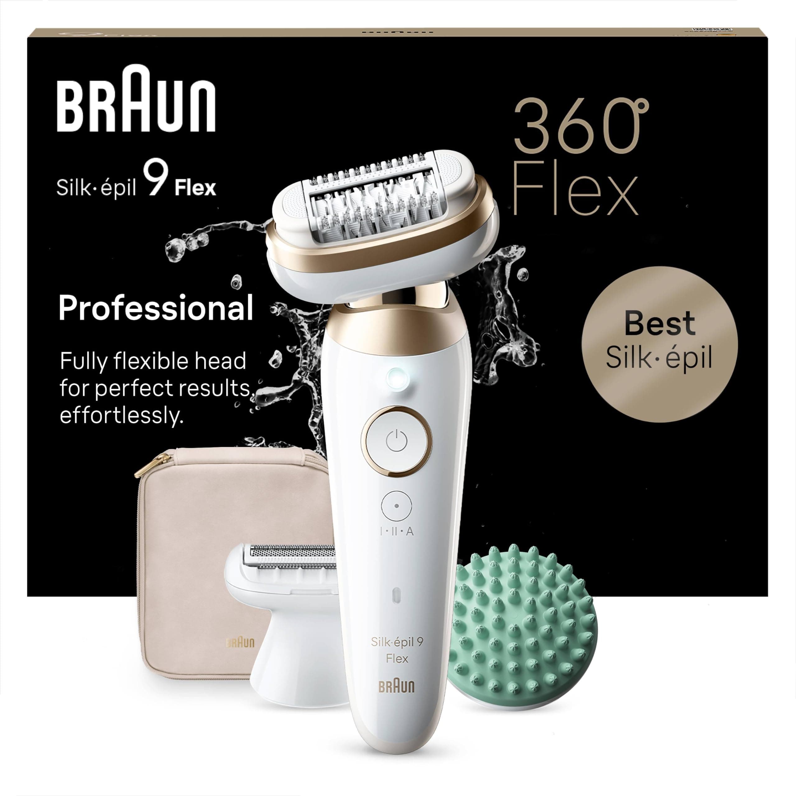 Braun Silk-épil 9 Flex Depilatore Donna, Epilatore Elettrico Donna Con Testina Flessibile 360°, Wet & Dry, Con Rasoio Donna, Cappuccio Rifinitore e Accessorio Massaggiante, 9-071 3D, Bianco/Oro