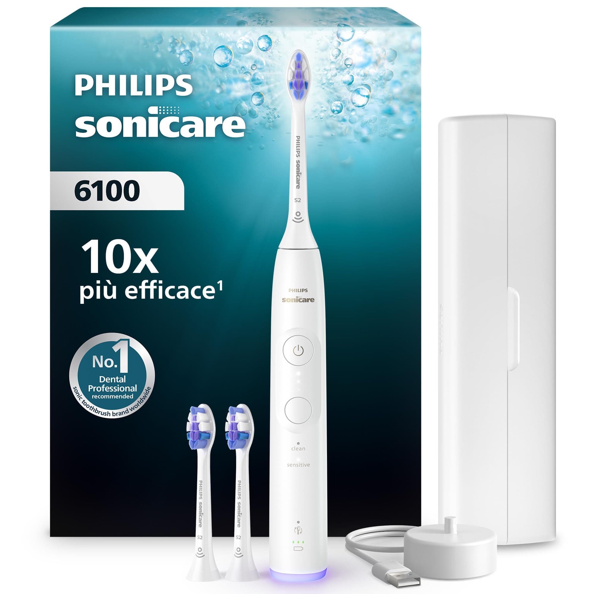 Philips Sonicare 6100, spazzolino sonico con 2 modalità di spazzolamento e 3 livelli di intensità, avviso di pressione, EasyStart, SmarTimer, custodia da viaggio, bianco, HX7400/02 [Nuova tecnologia]