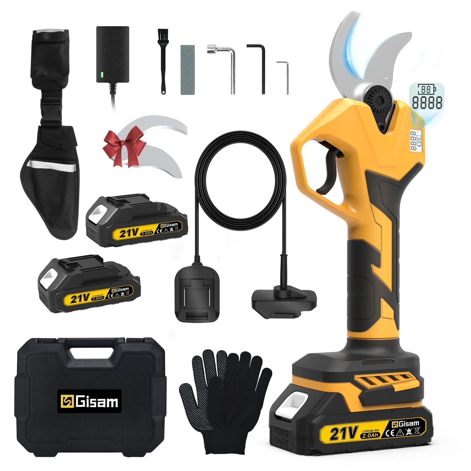 Secateur Electrique Professionnel, Gisam 60MM Secateur Electrique Sans Fil Elagueuse Electrique avec Batteries Rechargeables & LED Écran, Soutient le Réglage de L'ouverture (1-Avec 2 x 2Ah Batterie)