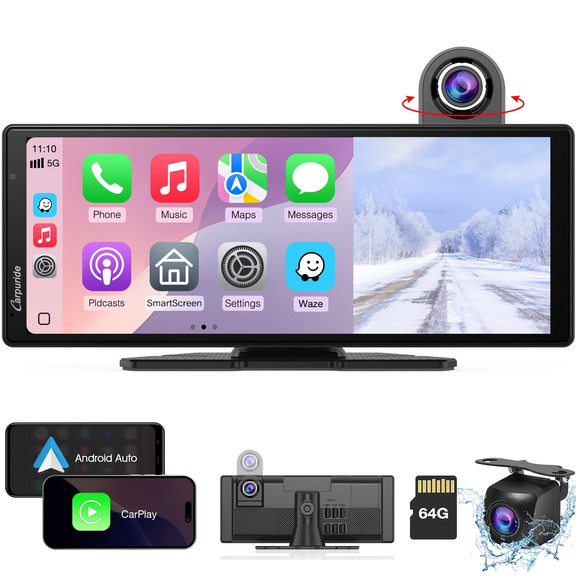 Carpuride W904 Wireless Carplay & Android Auto con Dash CAM - Pantalla táctil IPS HD de 10" para Coche, cámara Frontal 4K y Trasera 1080P, grabación en Bucle, Audio Bluetooth, Mirror Link, GPS, Siri