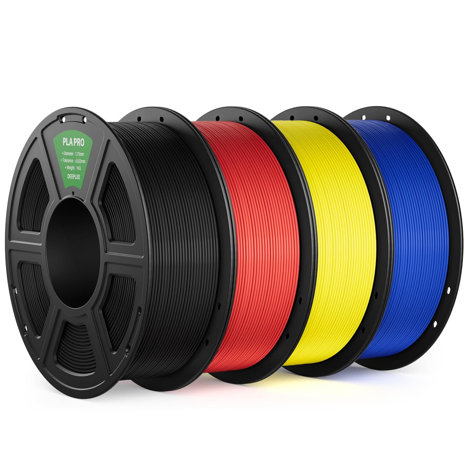 DEEPLEE Filament PLA Pro Noir, Rouge, Jaune et Bleu 4kg de 1.75 mm avec Précision de +/- 0,02 mm 4 Bobines Haute Résistance pour Imprimantes 3D FDM