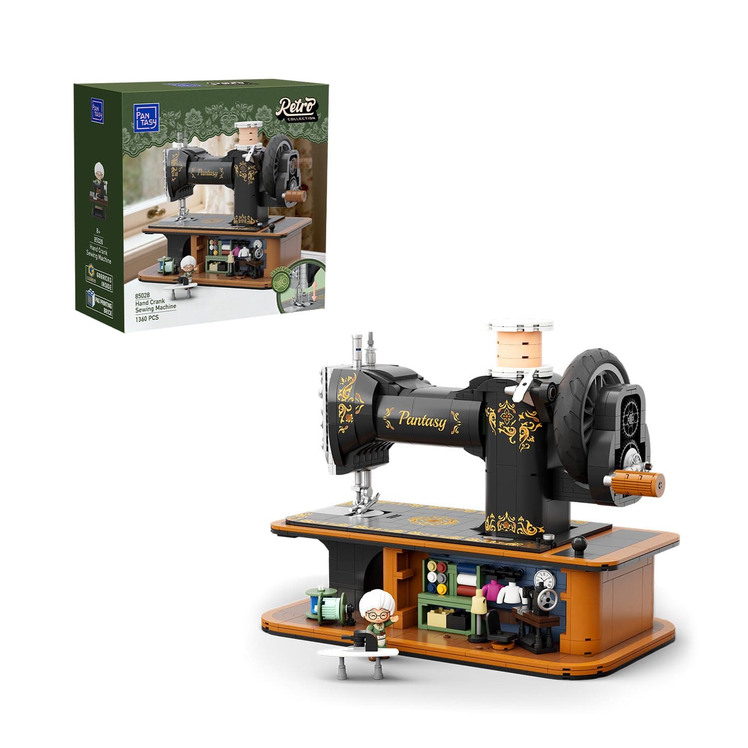 PANTASY Retro Nähmaschine Baustein-Modell, Vintage Handkurbel mit Funktionierendem Zahnrad-Mechanismus & Versteckter Mini-Schneiderei, Sammler- und Ausstellungsstück für Erwachsene