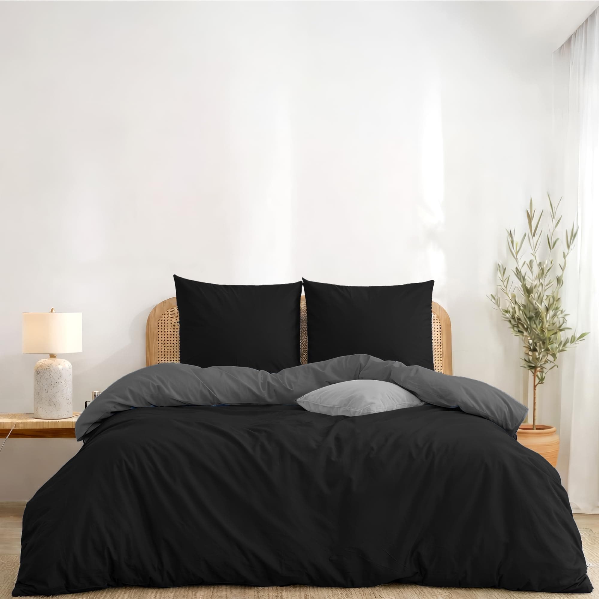 Twinzen Housse De Couette 220x240 cm Réversible, avec 2 Taie Oreiller 65x65 cm, Noir/Gris Foncé - Parure de Lit 220x240 Adulte en Microfibre - Oeko-Tex