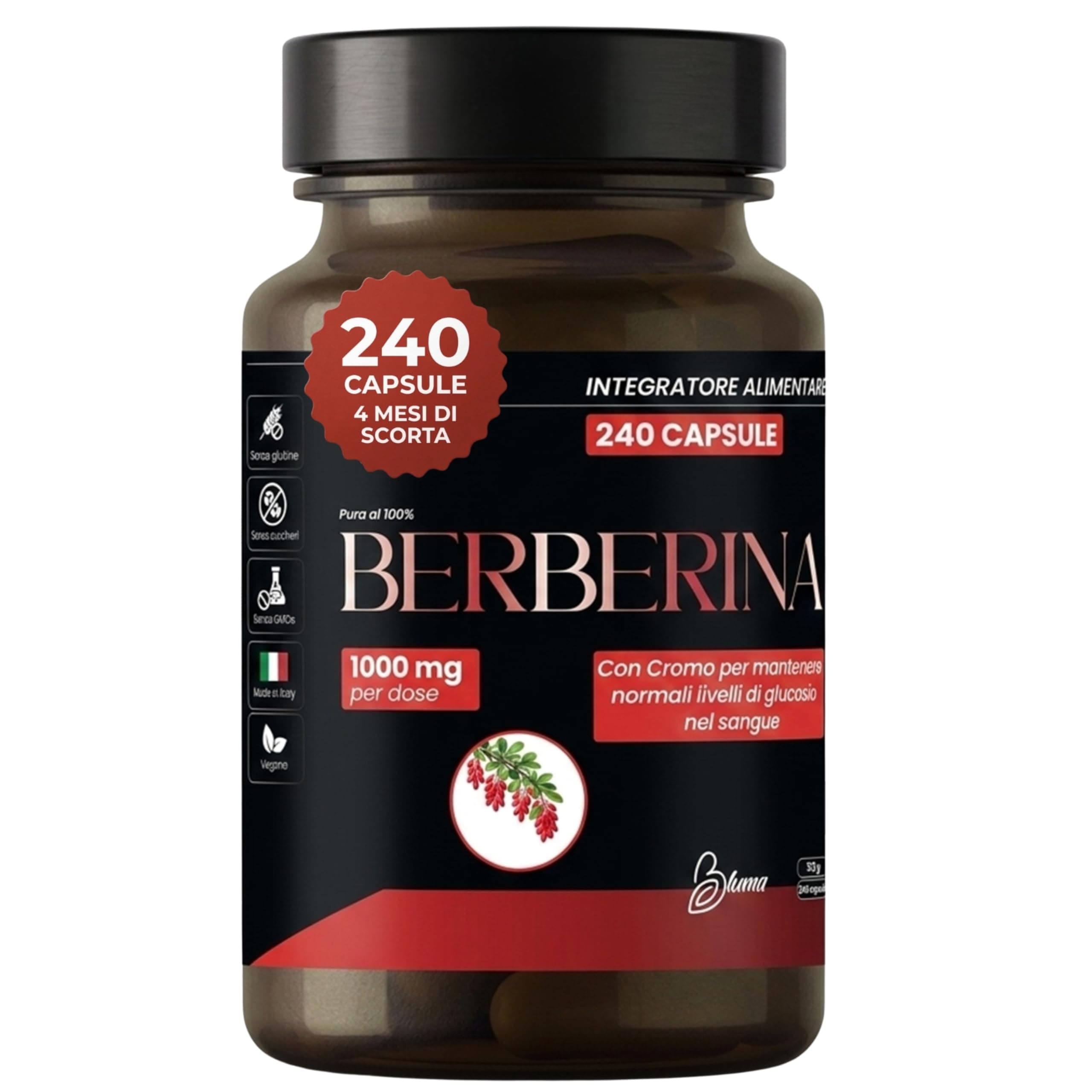 Berberina 1000mg Pura – 240 Capsule Vegane (4 Mesi) – Berberis Aristata 98% con Pepe Nero e Cromo – Supporto Metabolismo dei Macronutrienti e Livelli di Glucosio – Integratore Naturale Alto Dosaggio