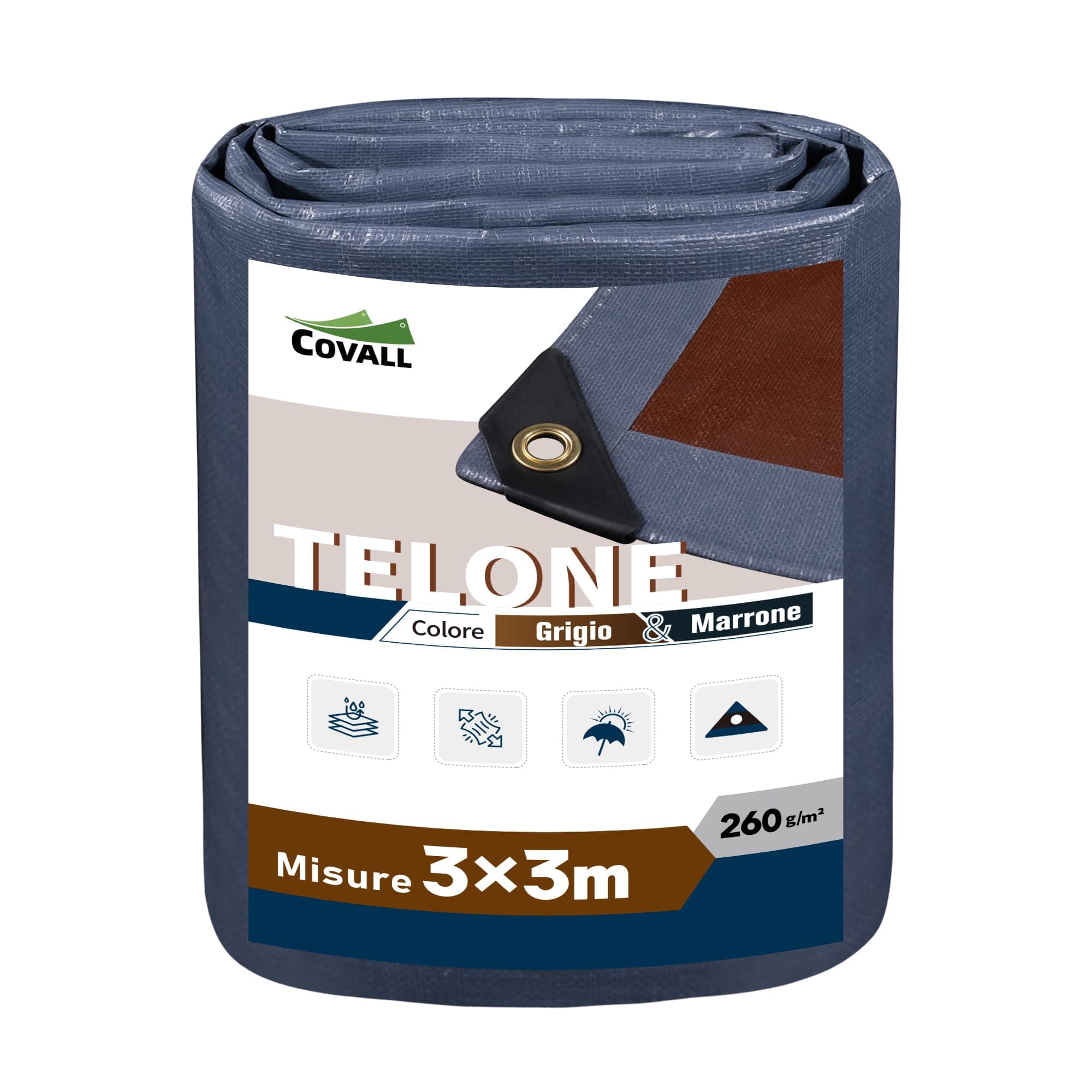 Covall Telo Telone Teloni Occhiellato impermeabile bicolore 260g/m² grigio/marrone super resistente con occhielli rinforzati per tetto, giardino, copertura, piscina, tenda da campeggio(3x3m)