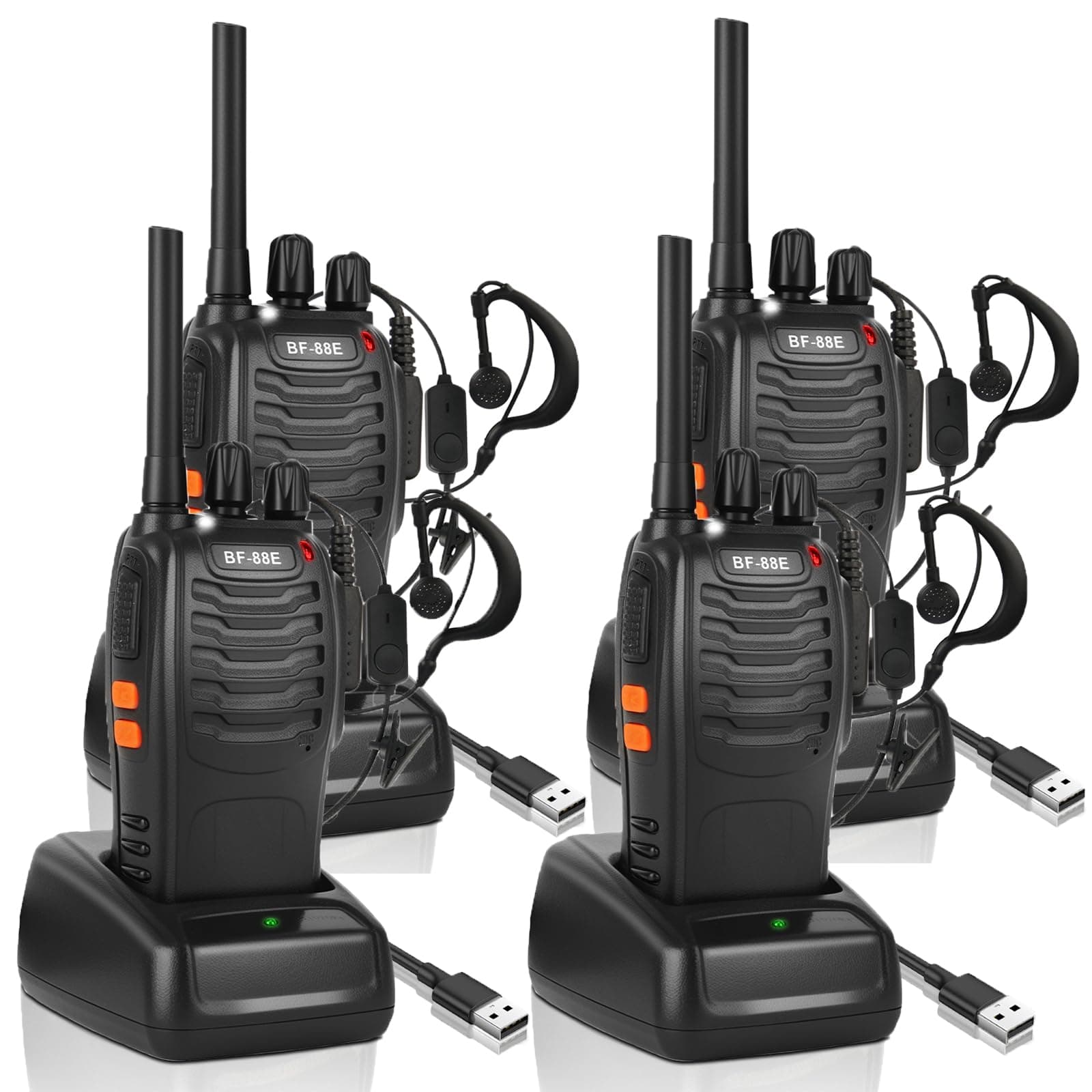 Walkie Talkie Profesionales, USB Recargables PMR 446 Radiocomunicación 16 Canales Largo Alcance Walkie-Talkie con Pinganillo, Luz LED y Función VOX, Actividades al Aire Libre - (Negro, 2 Pare)