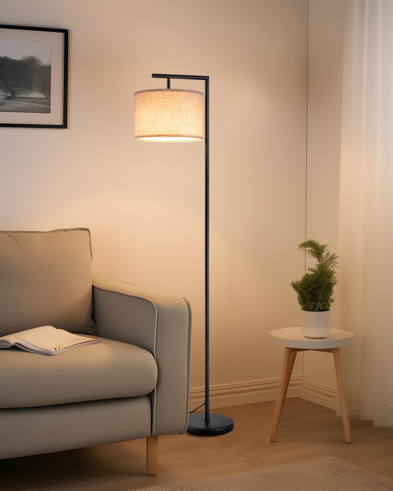EDISHINE Lámpara de Pie Minimalista con Pantalla de Lino Beige, Casquillo E27, Compatible con Varias Bombillas, 160cm Lámpara de Arco Negra con Pantalla Ajustable para Dormitorio, Salón, Oficina