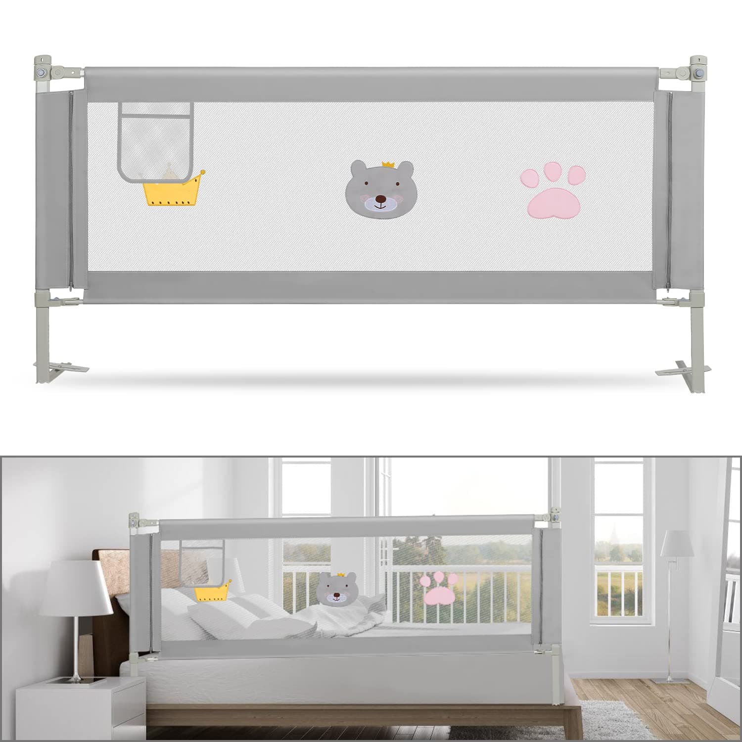 SWANEW Barriera per letto 150 cm, Barriera pieghevole per letto per bambini, Protezione per letto per bambini per prevenire le cadute, Barriera per bambini piccoli, Facile da montare, Grigio ricamato
