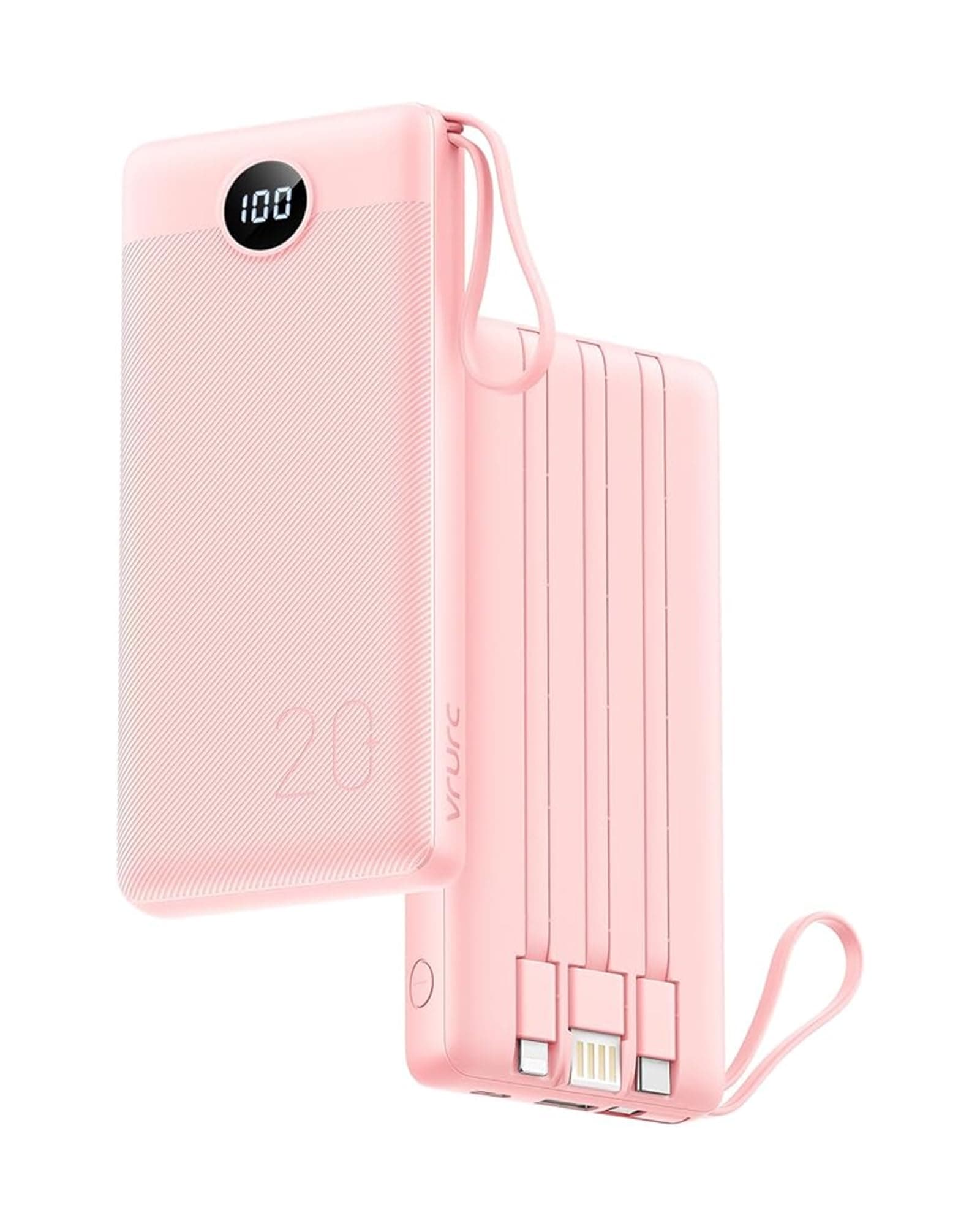 VRURC Batterie Externe 20000mAh Power Bank USB C 20W avec câbles et LED Display Batterie Portable 4 Sorties Compatible avec iPhone, Huawei, Samsung Téléphone Tablet (Rose)