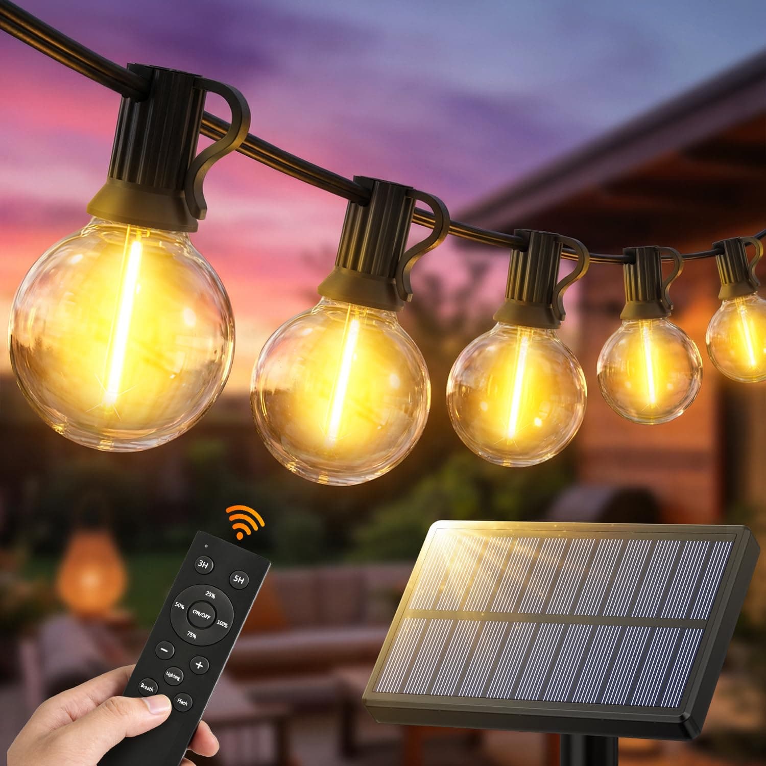 Solaire Remote Guirlande Exterieur Lumineuse - 15M Guinguette Solaires Lumineuse Exterieure 3 Modes avec G40 LED Ampoules IP44 Imperméable Lampe Extérieur Guirlandes pour Jardin Terrasse Mariage Noël