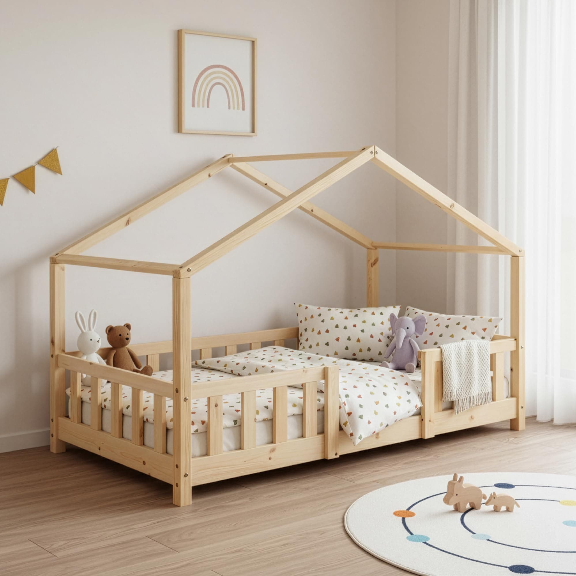 [en.casa] Lit d'enfant Design en Forme Maison avec Grille de Protection Construction Solide Capacité de Charge 50 kg Bois de Pin Contreplaqué 140 x 70 cm Bois Naturel