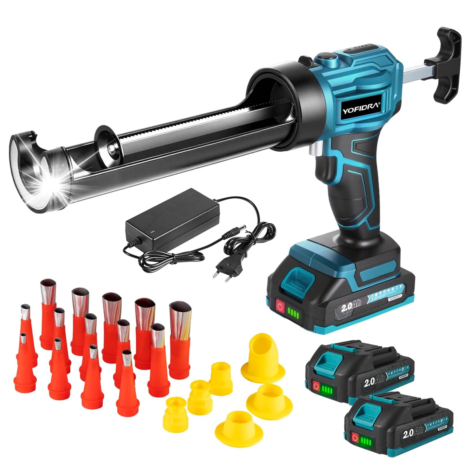 Yofidra Pistolet à Silicone Électrique avec 2 x 2000 mAh Batterie, Pistolet à Cartouche sans Fil, 4 Vitesses, Lumière LED, Pistolet Silicone 300ml, pour l’Étanchéité, le Masticage, sans Fuite