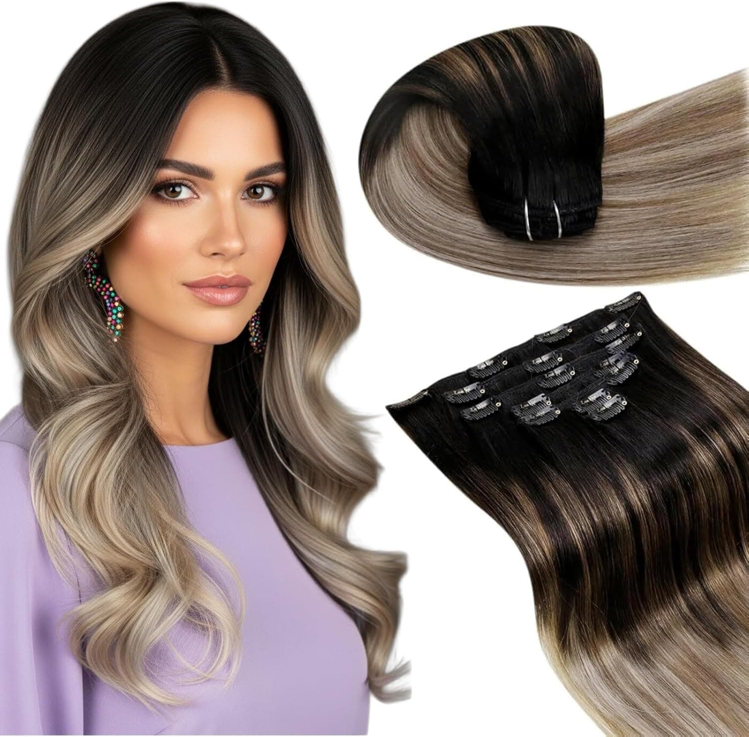 LaaVoo Extension Capelli Veri Clip 120g 7pcs Balayage Extension Clip Capelli Veri Lisci Nero Naturale a Marrone Chiaro con Biondo Scuro 35cm #1b/8/22