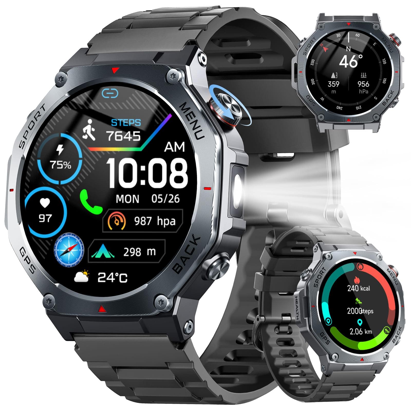 Reloj Inteligente Hombre Militar con GPS y Linterna LED, 5ATM Smartwatch con Brújula llamadas Bluetooth Pulsómetro Oxímetro Sueño, 1.43"AMOLED Reloj Deportivo con 160+Modos Deportivos para IOS Android