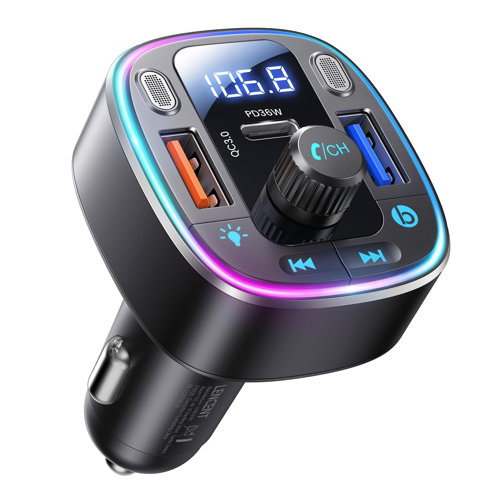LENCENT Transmetteur FM Voiture Bluetooth 5,4 et 54 W, Adaptateur Bluetooth, Double Ports USB, Charge Rapide (PD 36 W & QC3,0), Adaptateur de Musique, Appel Mains Libres, Double Microphone et clé USB