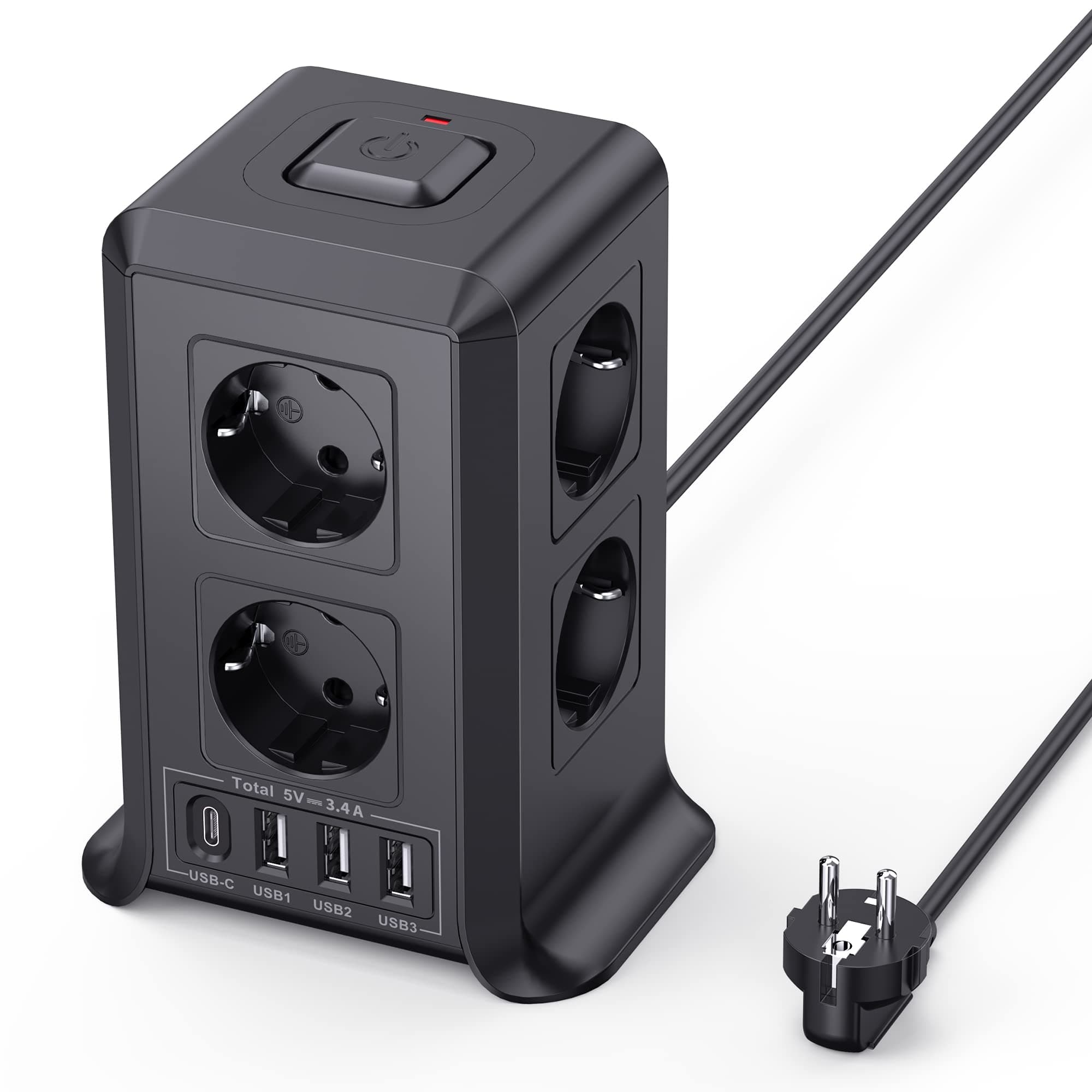 Multiprise avec Interrupteur, Tour Multiprise 8 Prises et 4 USB（3 USB-A&1 USB-C Max 5V/3.4A, Parafoudre et Surtension, 5M Câble à la Maison et au Bureau