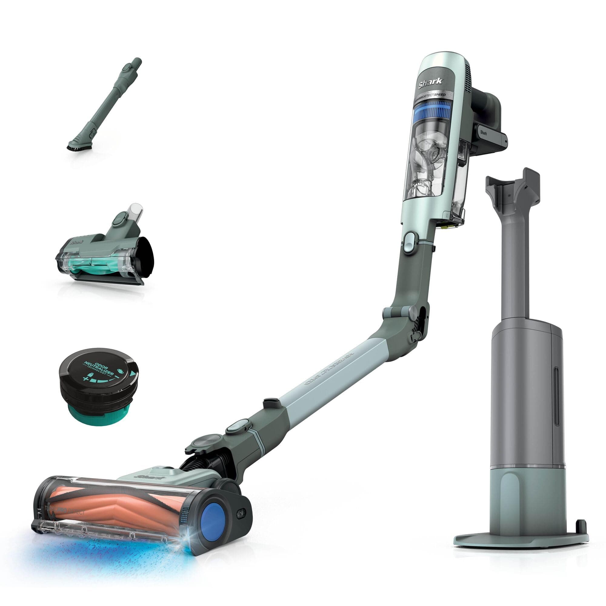 Shark PowerDetect Speed Clean & Empty, Aspirateur sans Fil, Aspiration en arrière, 60 Min d'autonomie, Station de Charge à vidage Automatique et Mini-Brosse motorisée pour Animaux IA3243FRT
