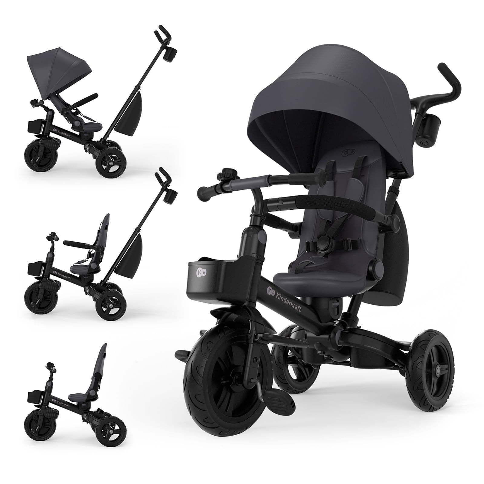Kinderkraft Aveo 2 Pro Tricycle Évolutif 6 en 1, Dès 9 Mois à 5 Ans, Siège Rotatif Click&Twist, Pliable Compact, Capote UPF50+, Gris