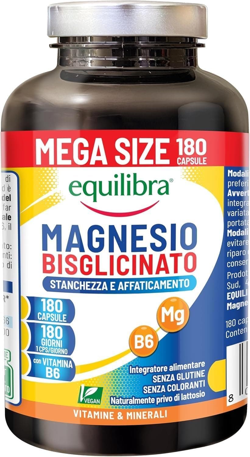 Equilibra Magnesio Bisglicinato, 180 Capsule, 250mg, con Vitamina B6, Scorta 6 Mesi, Vegan, Integratore Stanchezza e Affaticamento, Sistema Nervoso e Funzione Muscolare, Senza Glutine