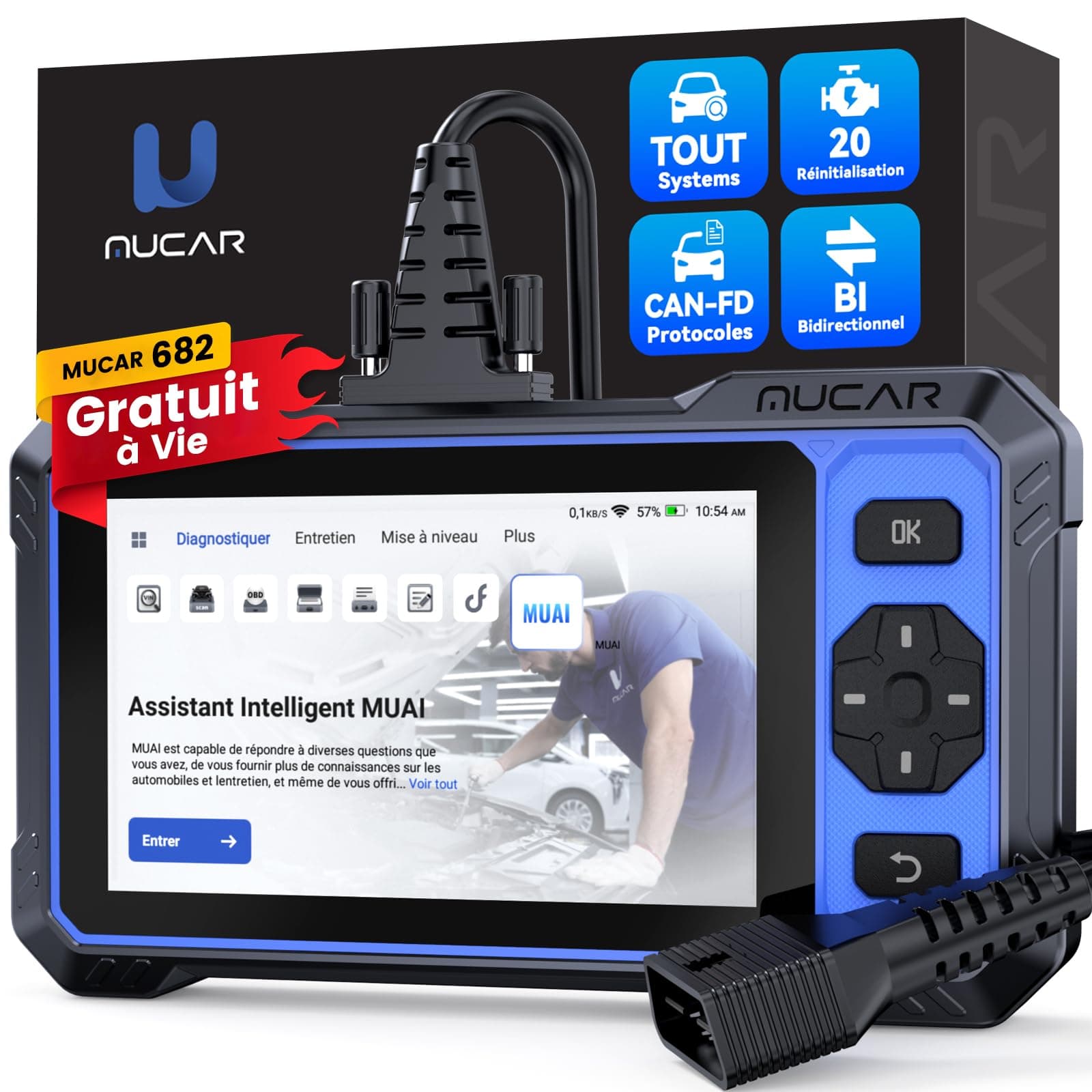 MUCAR 682 Diagnostic Intelligent par IA Valise Diagnostic Auto, Diagnostic Complet du Système, Tests Actifs Bidirectionnels, 20 Réinitialisations, Guide V.A.G, FCA AutoAuth, CANFD&DOIP, Gratuit à Vie