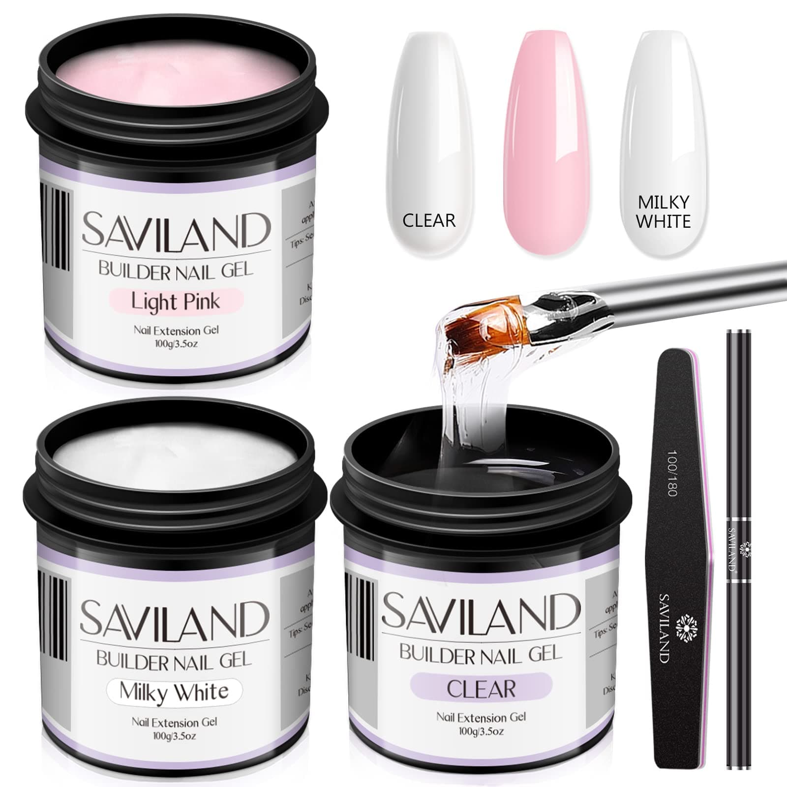 Saviland Gel Construction Ongle U V Kit, 3 * 100g Dur Gel Clair/Rose/Blanc pour ongles, Professionel Builder avec 100PCS Chablon et Pinceau à Ongles Lime à Ongles pour Extension