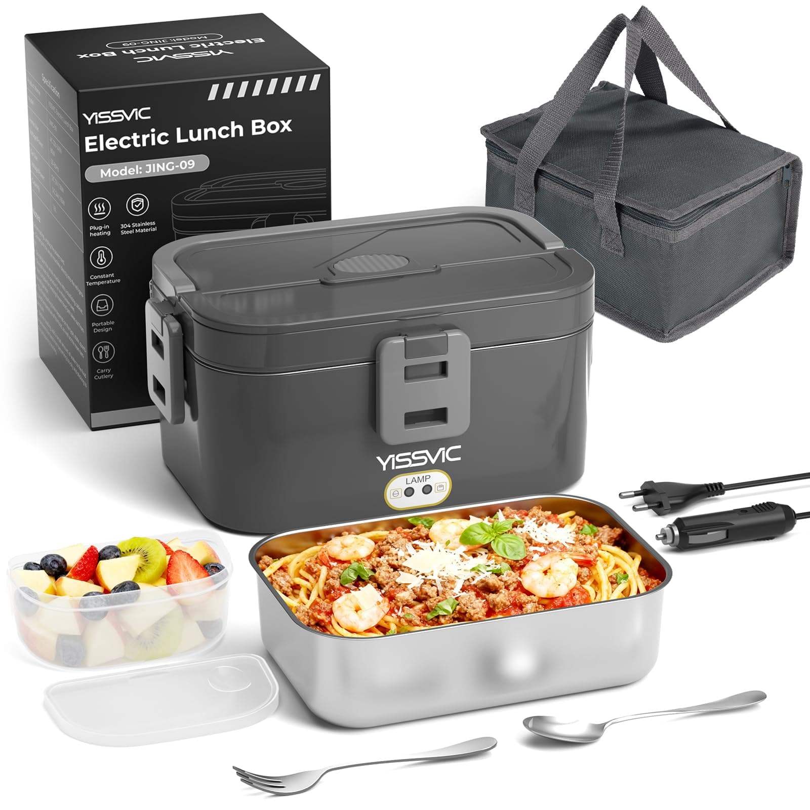 YISSVIC Scaldavivande Elettrico Portatile 1.8L 80W 4 in 1 12V/24V/220-240V | Porta Pranzo Termico, Acciaio Inox, Riscaldamento Rapido, Forchetta, Cucchiaio,, con Borsa Termica per Auto Camion Ufficio