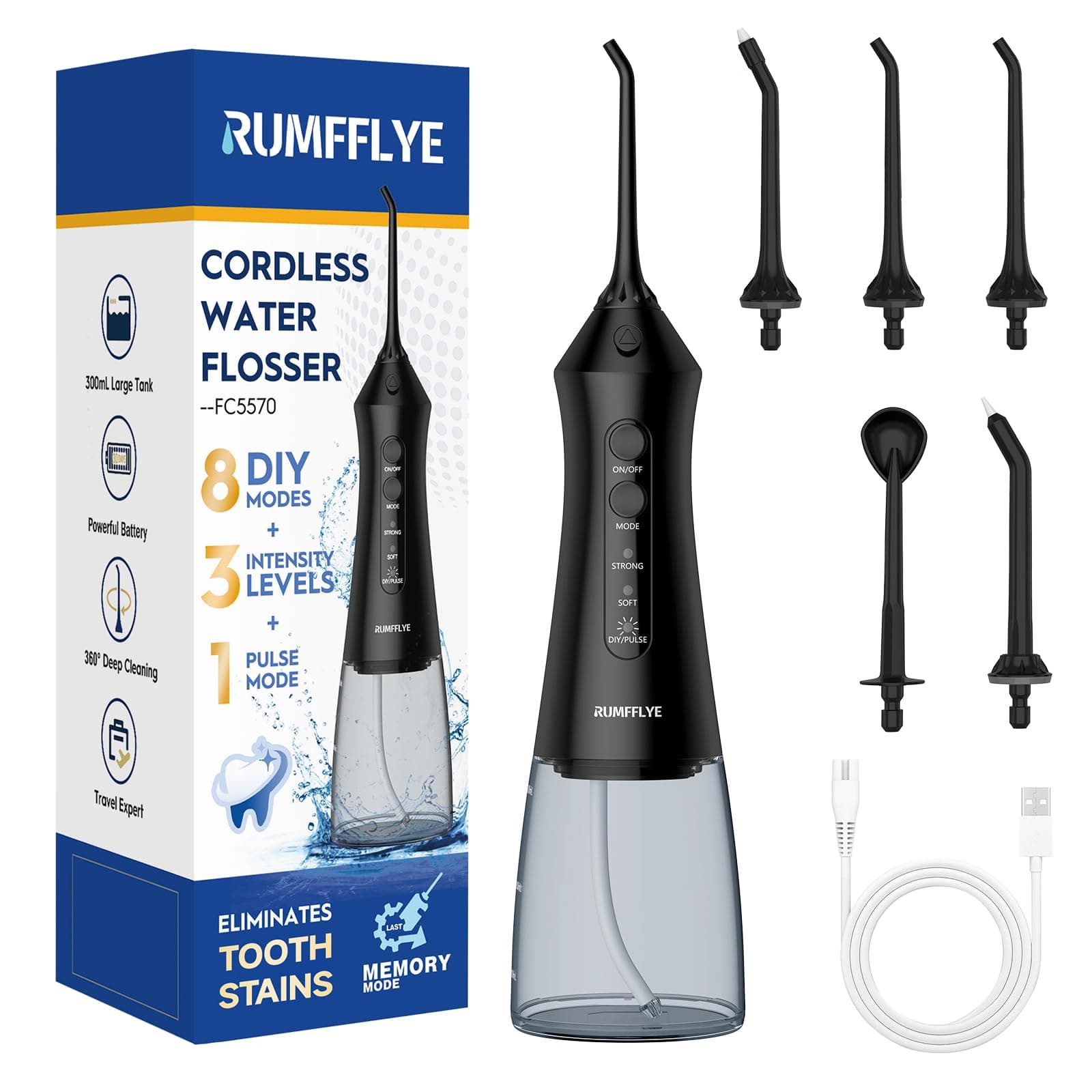 RUMFFLYE Jet Dentaire Hydropulseur Water Flosser 12 Modes Detartreur Dentaire 300ML Hydropulseur Jet Dentaire Oral Sans Fil Nettoyeur Dent Irrigateur Pulseur Jet Interdentaire Portable IPX7 Voyage