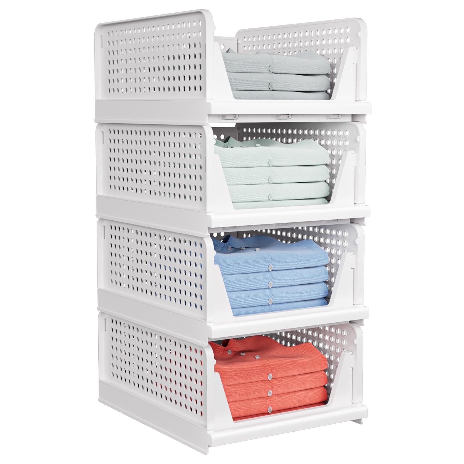 Lot de 4 Rangement Vetement, Organisateur Armoire Vetement, Boite de Rangement Empilable Plastique pour Placard, Chambre à Coucher, Salle de Bain, Cuisine(4 L), Blanc