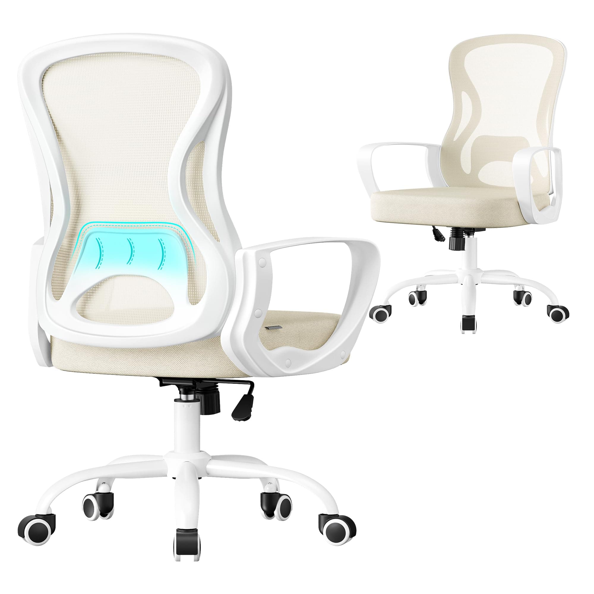 SONGMICS Silla de Oficina Ergonómica, Silla de Escritorio Giratoria de Malla con Soporte Lumbar, Reposabrazos, para Estudio y Dormitorio, Beige Capuchino y Blanco Nube OBN043LH02