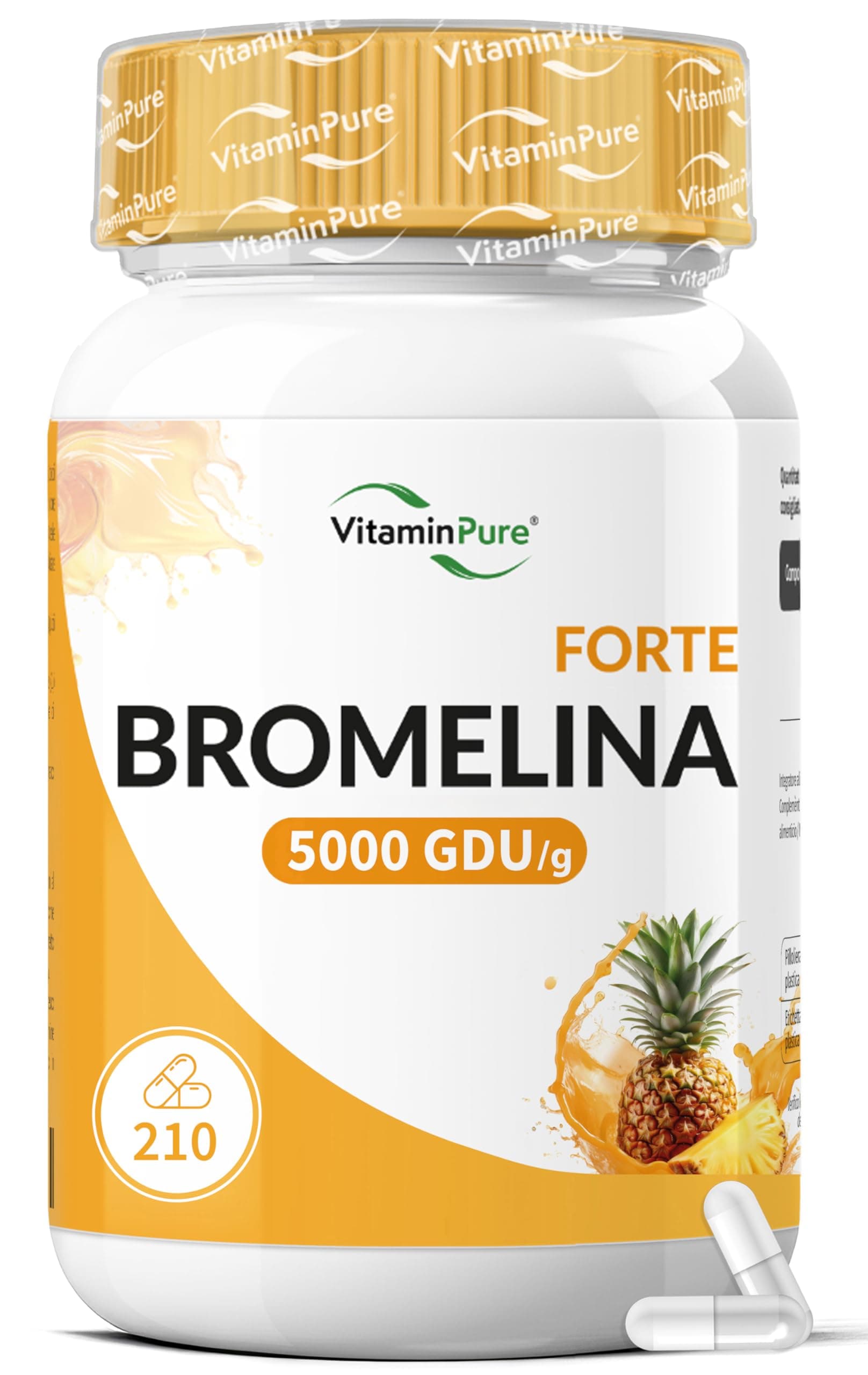 Bromelina Forte 5000 GDU/g, 210 Capsule Gastro-Resistenti (Fino a 7 mesi di Fornitura) Estratta naturalmente dall'Ananas - VitaminPure