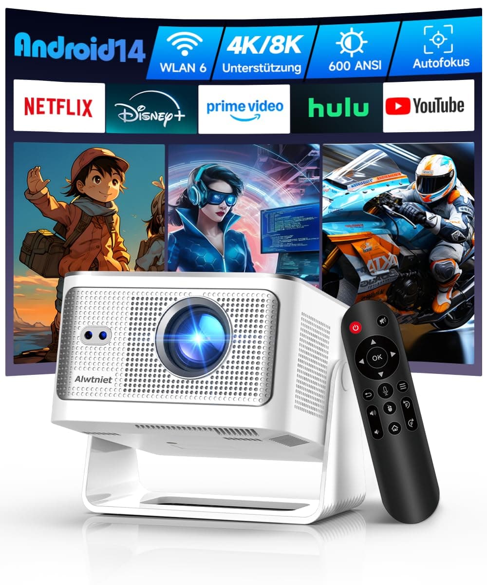 Alwtniet Vidéoprojecteur 4K 8K supporte [Native 1080P&App intégrée] Mini Projecteur Portable WiFi 6 Bluetooth 5.4 Android 14 Autofocus/Obstacle Avoidance/6D Keystone Ultra Courte Focale Rotation 180°
