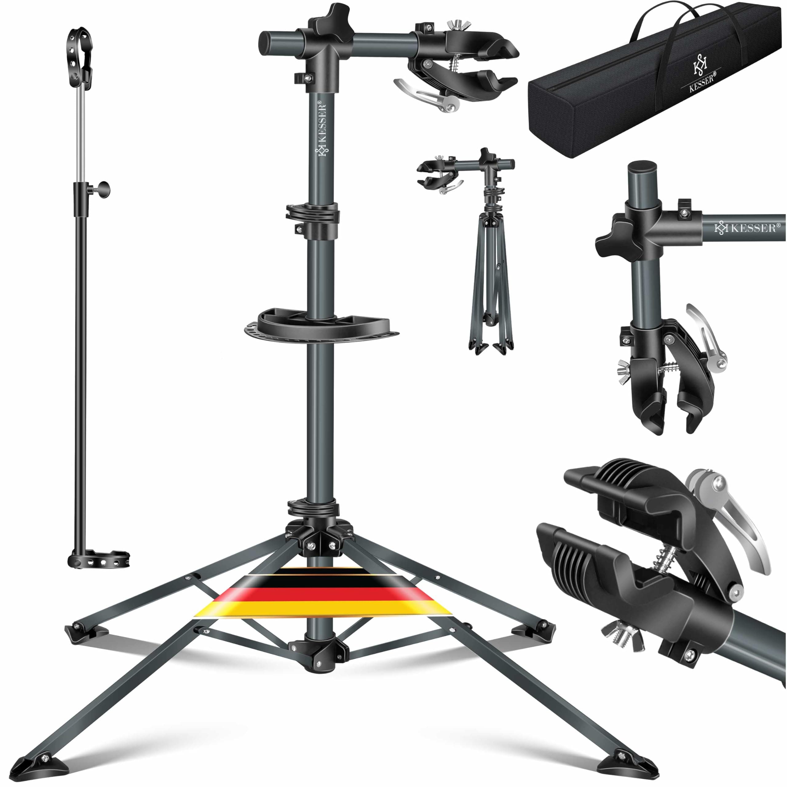 KESSER® Fahrradmontageständer Profi Reparaturständer Fahrradständer + Tasche Fahrradreparaturständer bis 30 kg Fahrrad Montageständer inkl. Werkzeugschale + Magnetfach, drehbar