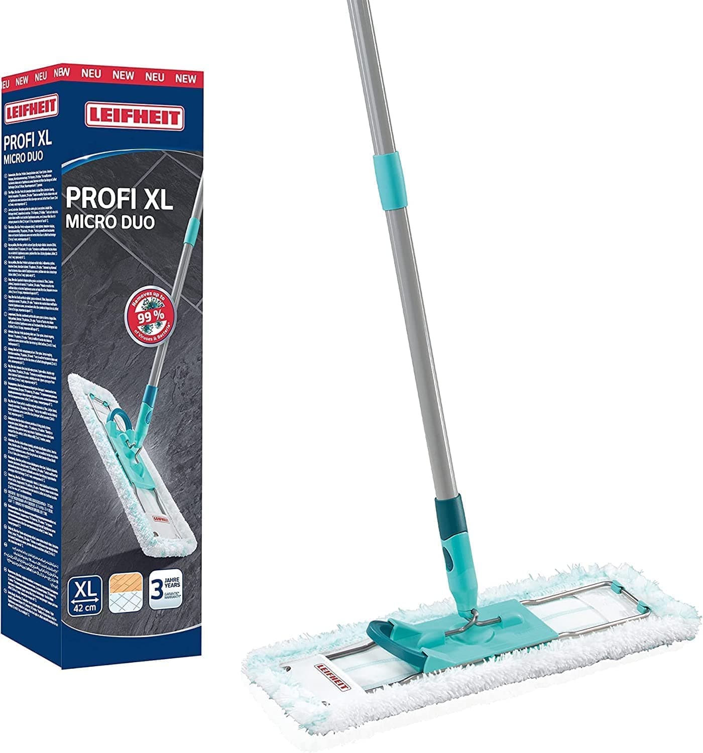 Leifheit Lave-Sol Profi XL Micro Duo Manche Acier, balai microfibre avec housse lavable et manche de 146 cm, balai à plat, accessoire ménage pour sols carrelés et stratifiés, tête 360 degrés