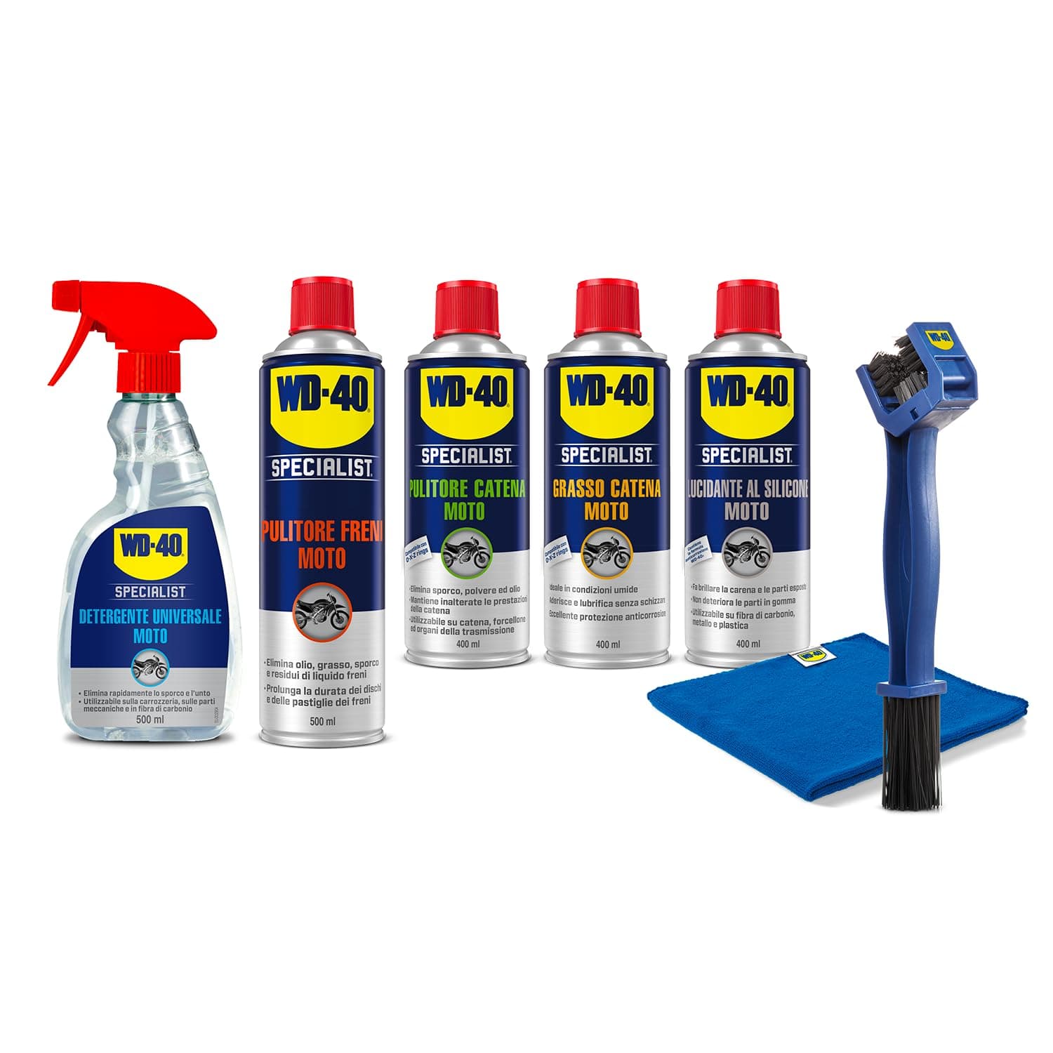 WD-40 - Specialist - Kit Manutenzione Moto - 1 Detergente 500ml + 2x Pulitore (Freni 500ml + Catena 400ml) + 1 Grasso Catena 400ml + 1 Lucidante al silicone 400ml + Spazzola + Panno In Microfibra